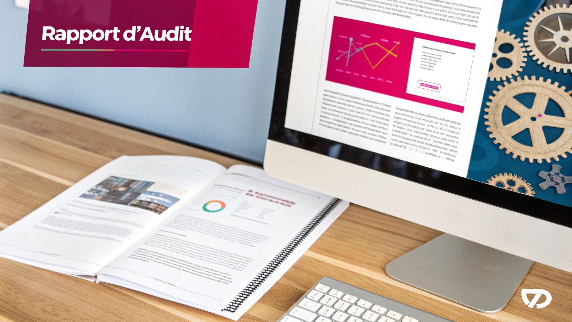 Un rapport d'audit affiché sur un écran d'ordinateur et un livre ouvert sur un bureau en bois.