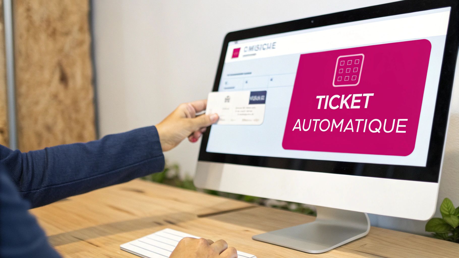 Une main présente une carte devant un écran d'ordinateur affichant "TICKET AUTOMATIQUE" pour un système de maintenance.