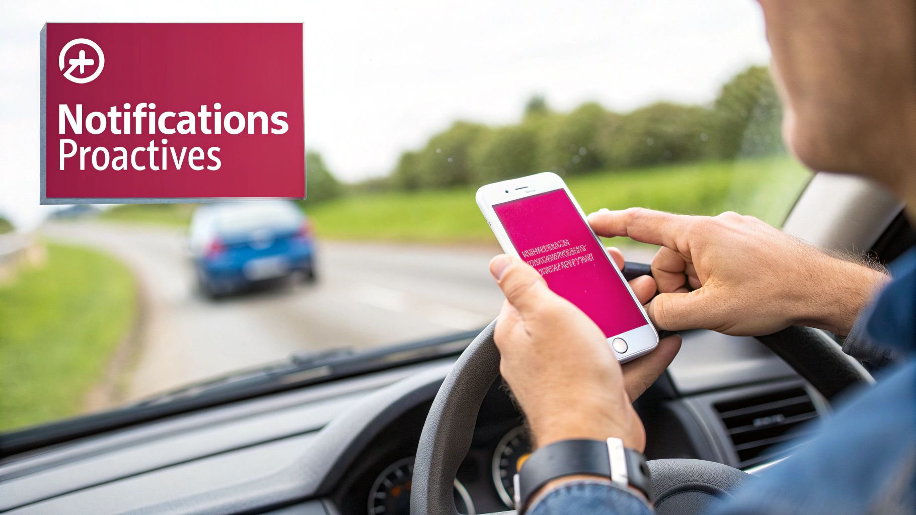 Un conducteur utilise son smartphone au volant, tandis qu'une bannière affiche « Notifications Proactives ».