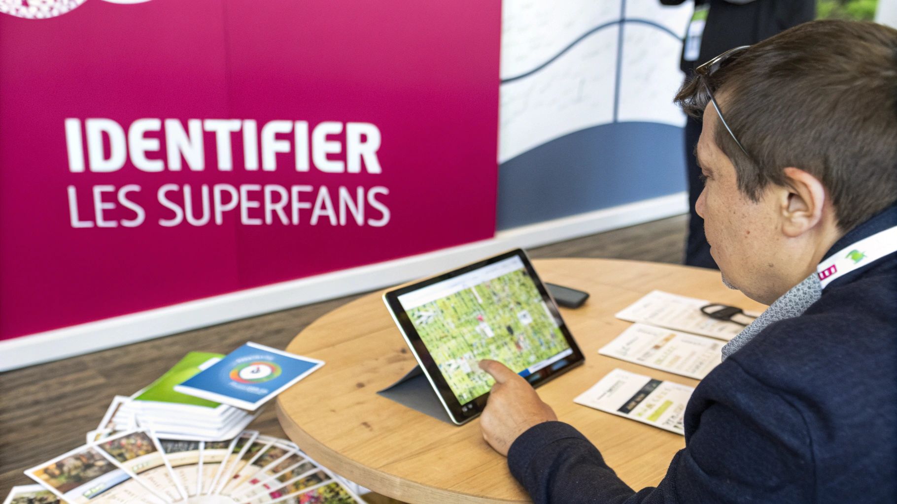 Un homme utilise une tablette sur une table en bois, avec des brochures. Un panneau rose indique « IDENTIFIER LES SUPERFANS ».