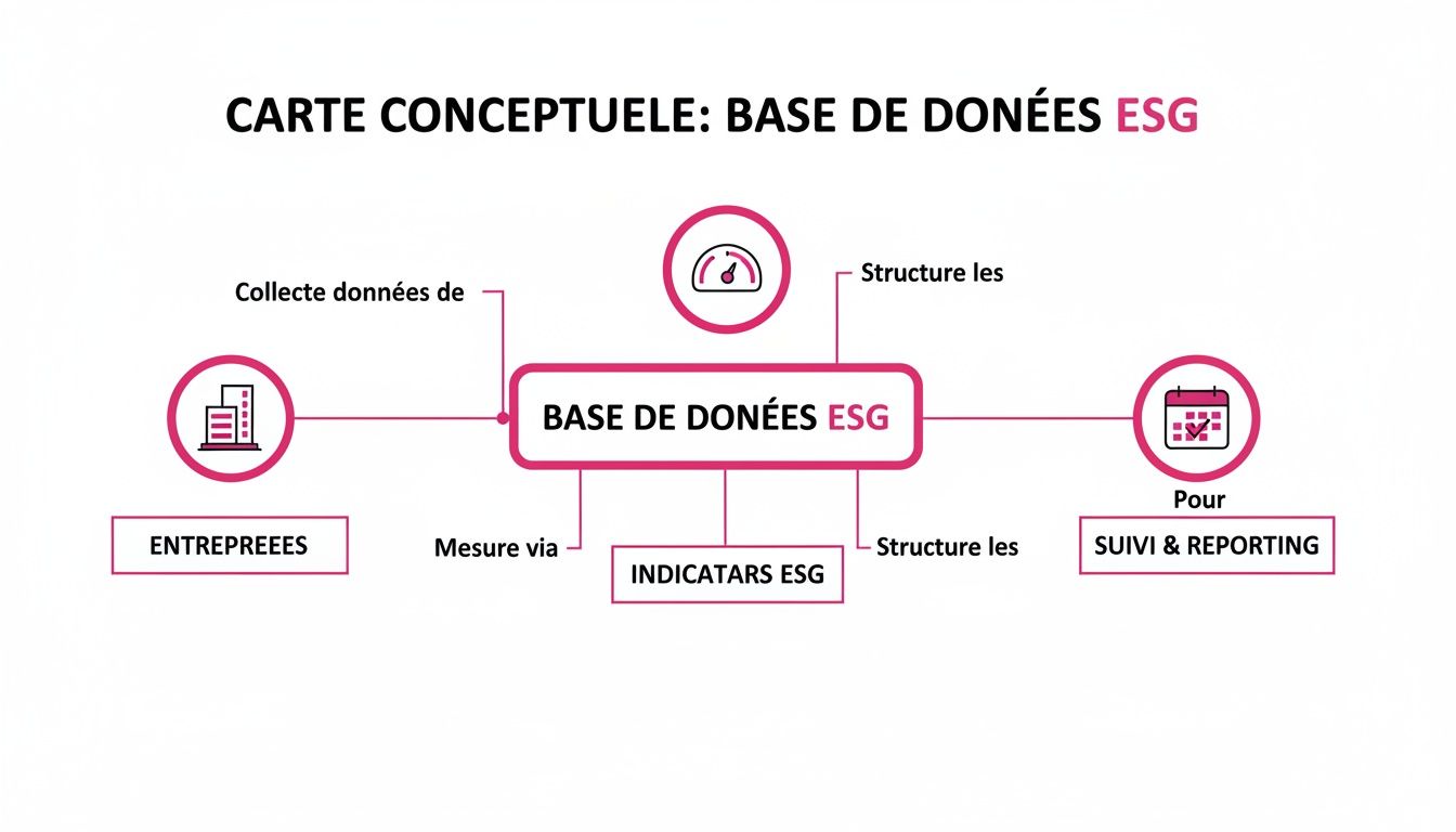 Carte conceptuelle détaillant la base de données ESG, sa collecte de données d'entreprises, ses indicateurs et son utilité pour le suivi et le reporting.