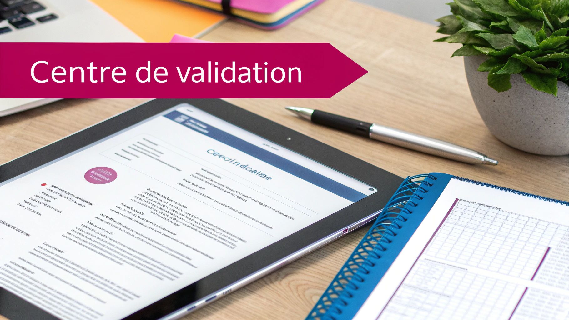Bureau avec tablette affichant un document, stylo, cahier et plante, sous une bannière "Centre de validation" en magenta.