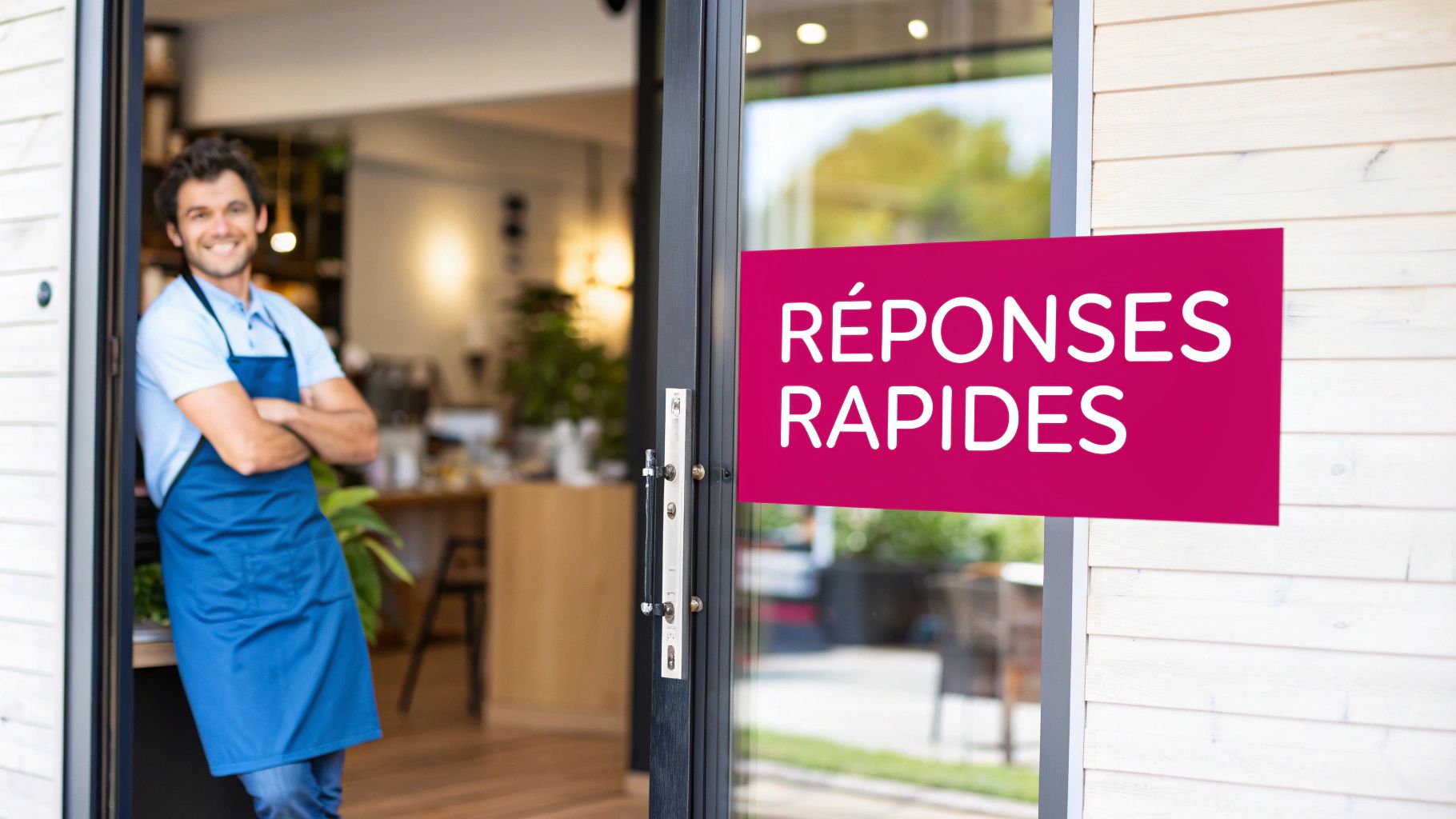 Un homme souriant, portant un tablier, se tient à l'entrée d'un commerce avec un panneau 'Réponses Rapides'.