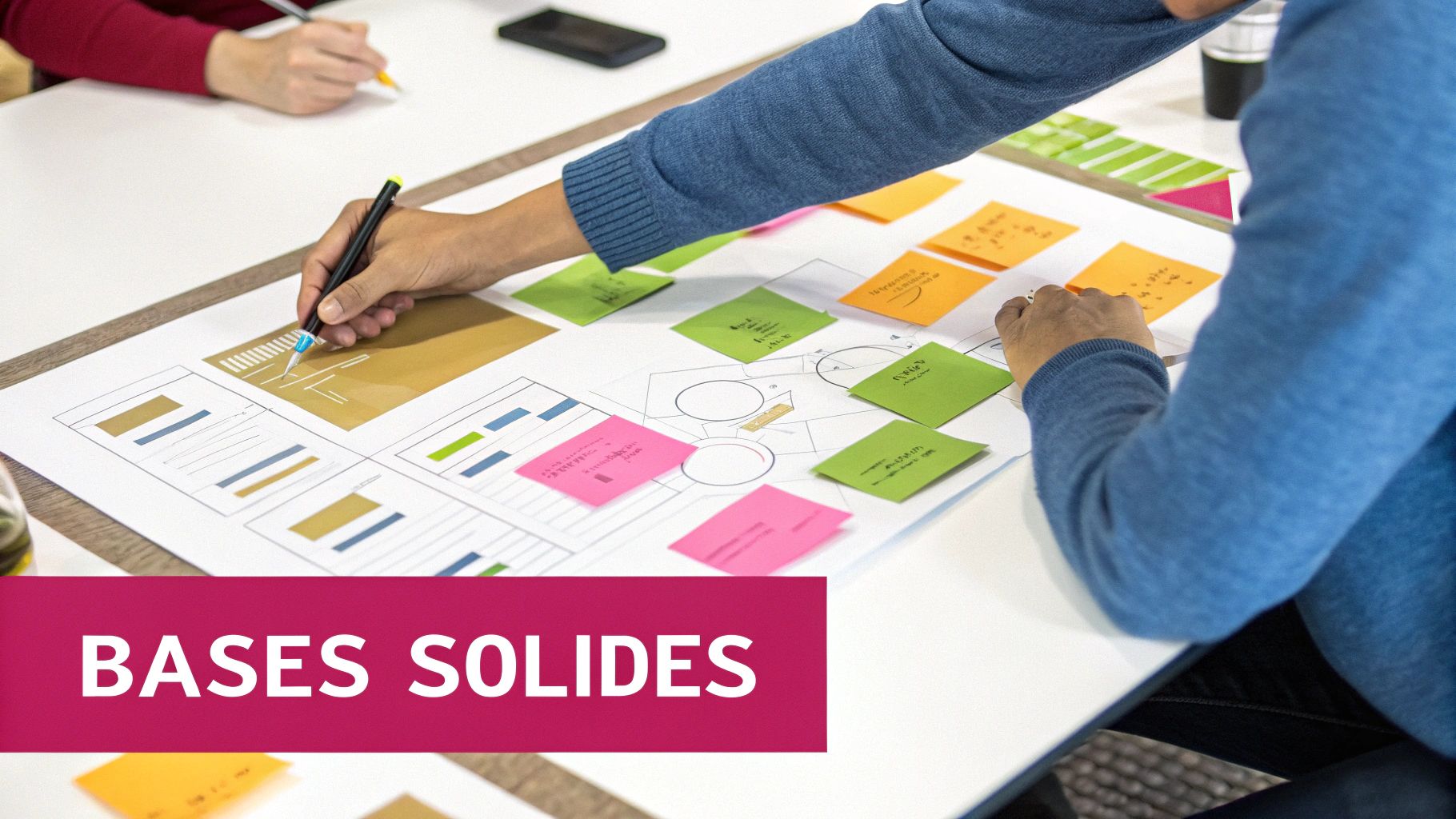 Des personnes collaborent sur la conception d'une interface utilisateur avec des notes autocollantes.