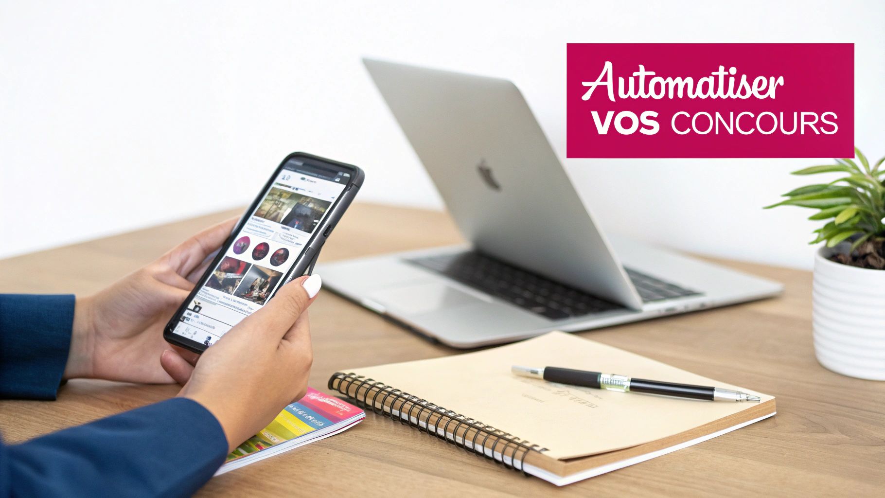 Une personne utilise un smartphone pour gérer des concours, avec un ordinateur portable et des notes sur un bureau.