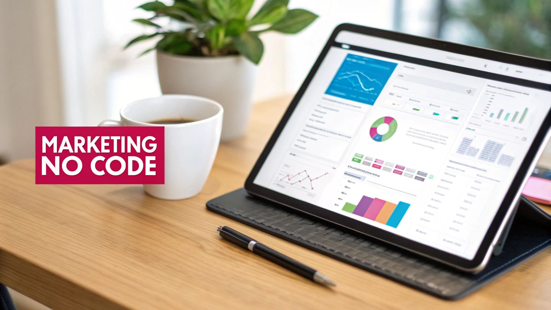 Une tablette affiche des graphiques marketing et données sur un bureau en bois, avec une tasse de café. Le texte 'MARKETING NO CODE' est visible.