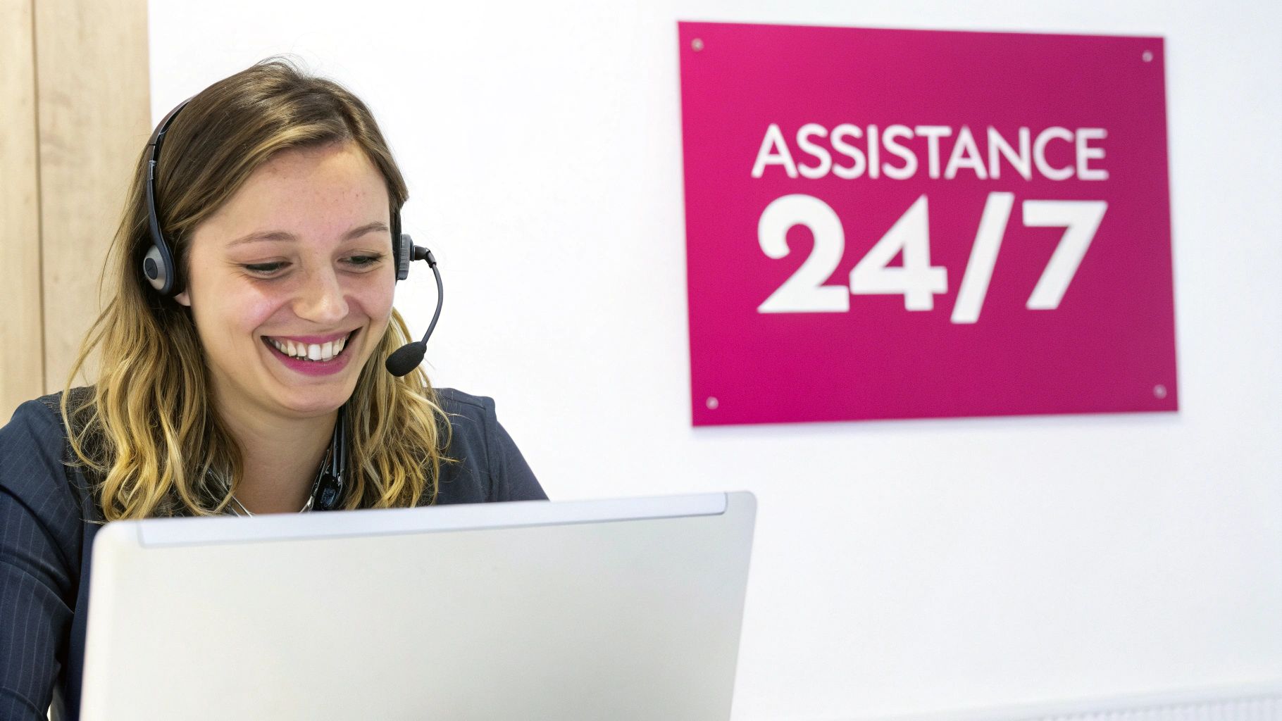 Femme souriante avec un casque, travaillant sur un ordinateur portable, avec une enseigne "ASSISTANCE 24/7".