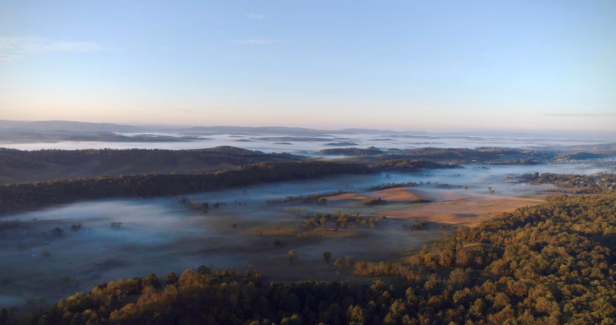 Aerial view of a valley with scattered trees, early morning fog, and distant rolling hills under a clear sky.
