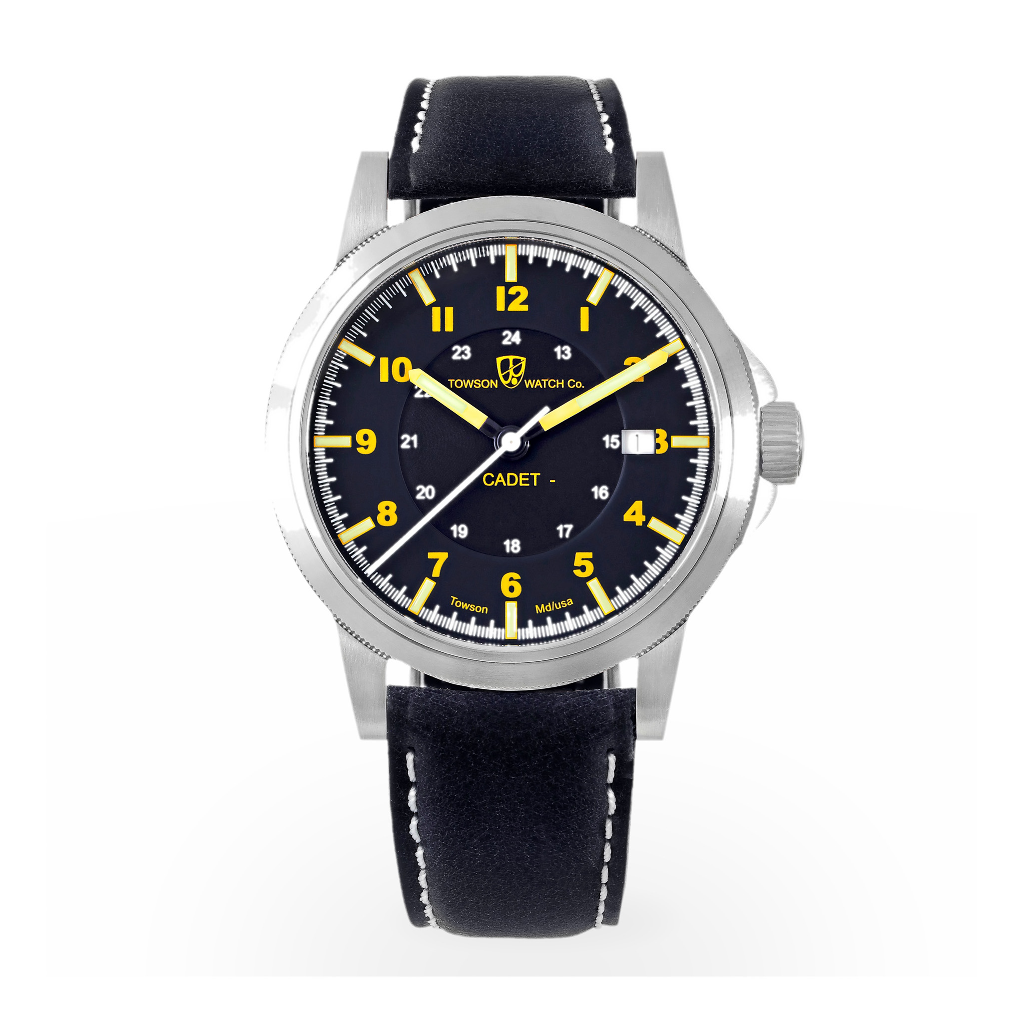 CADET is our entry‑level field watch designed to train the next generation of watch enthusiasts. A 40 mm stainless steel case with brushed and polished surfaces houses a Swiss automatic movement regulated by our Maryland watchmakers for chronometer‑like precision. Its high‑contrast dial uses luminescent Arabic numerals and sword hands for instant legibility in any light, protected by a scratch‑resistant sapphire crystal. Each Cadet is assembled and tested by hand in Baltimore, engraved with a unique serial number and backed by our lifetime service guarantee. Inspired by the utilitarian timepieces issued to cadets and midshipmen, this watch is a dependable companion built to be worn every day and handed down with pride.