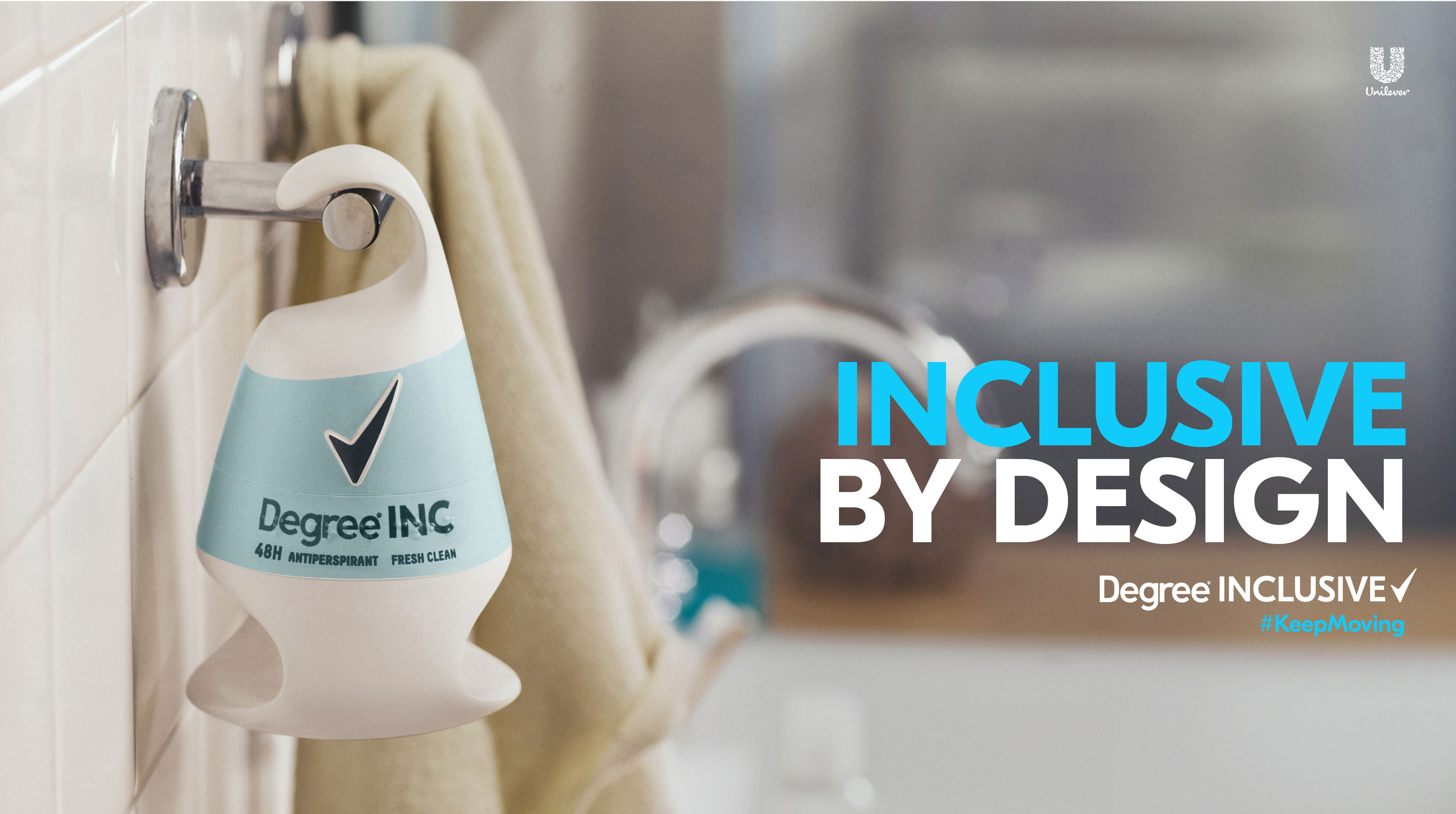 "Inclusive by Design" campaign visual featuring the adaptive deodorant with an easy-grip base and hook lid, highlighting accessibility in personal care.