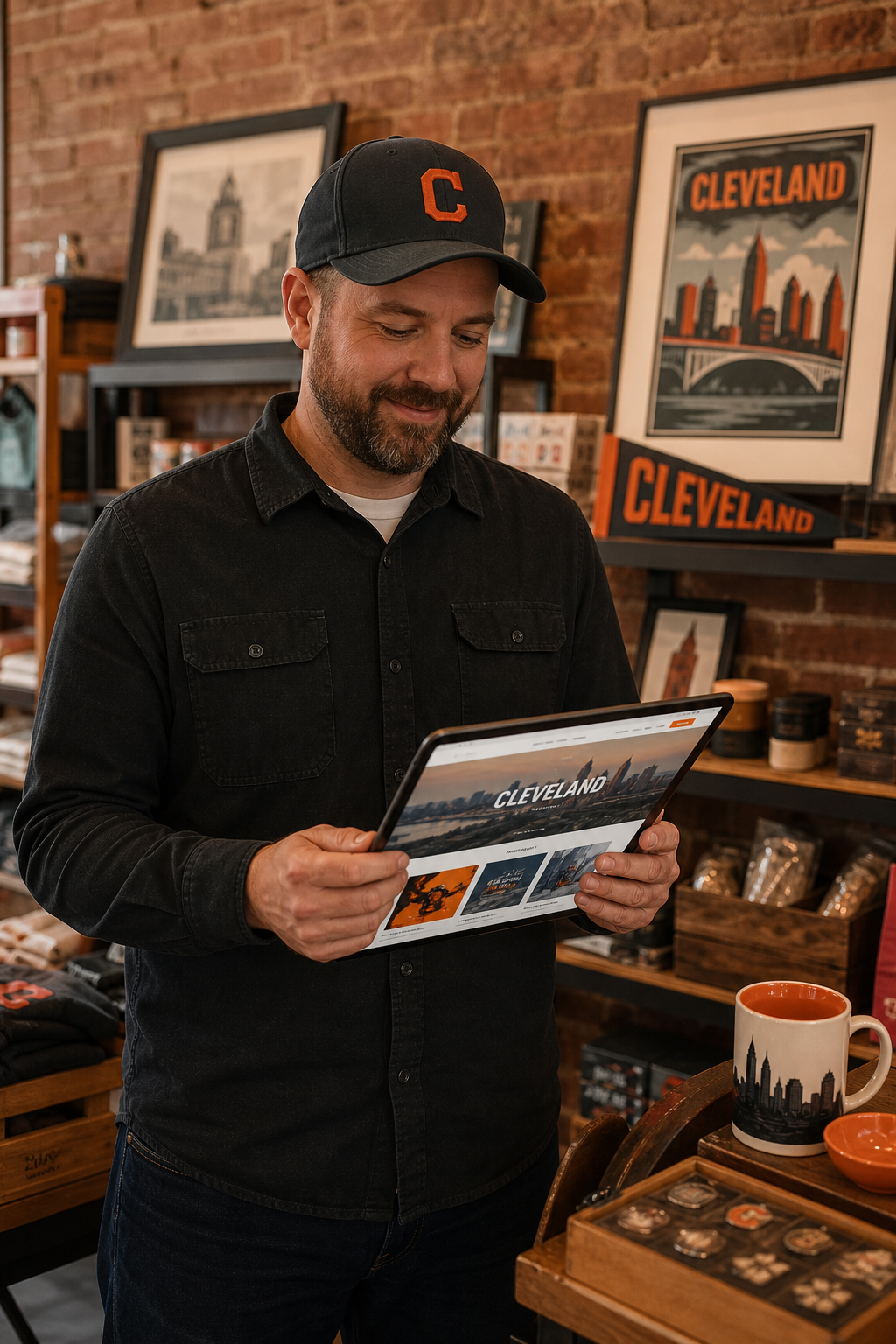 A photorealistic image of a small business owner in Cleveland reviewing a new website design on a tablet while standing in their brick-and-mortar store. The store has a warm, welcoming feel with local Cleveland memorabilia. Alt: Small business owner reviewing website redesign with a local Cleveland web designer.