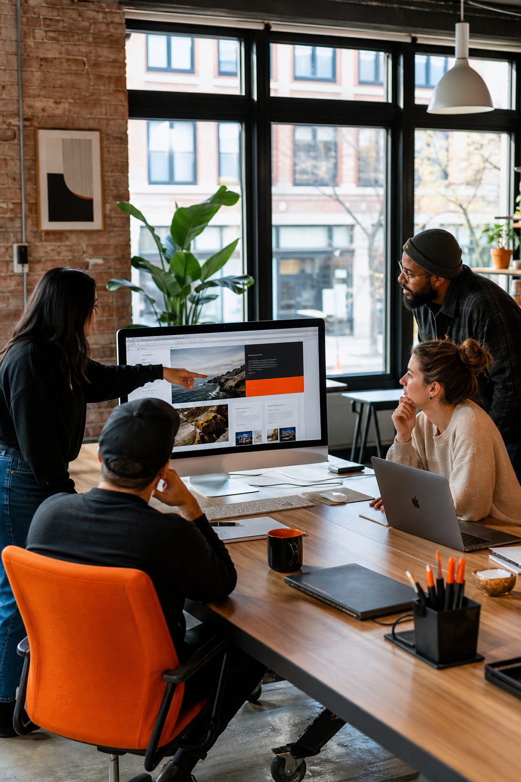 A photorealistic view of a modern, open-plan office in Cleveland's Gordon Square neighborhood, with a diverse team collaborating around a large monitor displaying a sleek website redesign mockup. Natural light streams through large windows. Alt: Long Weekend team working on website redesign in Cleveland office.