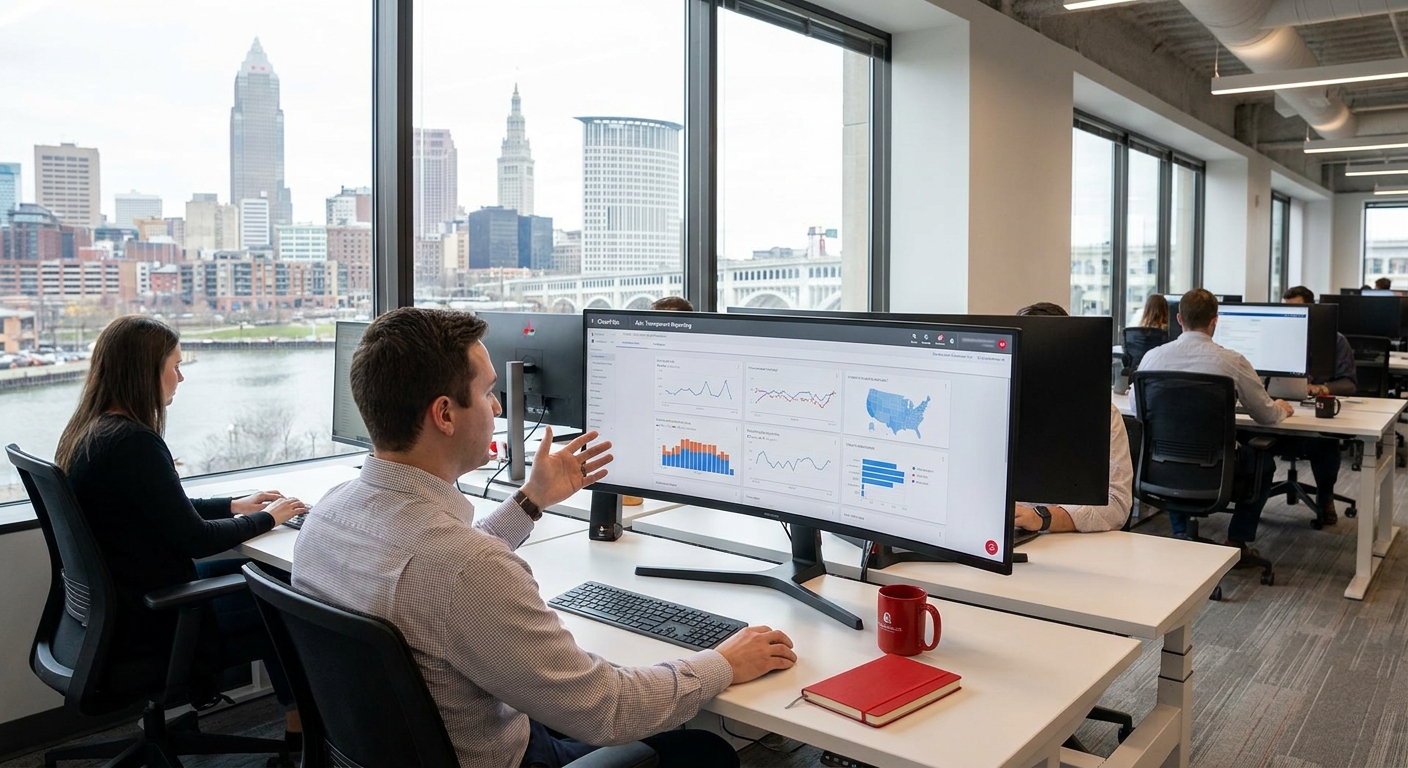 A realistic office scene in Cleveland where a marketer reviews a large screen displaying Google Ads dashboards with charts and maps, highlighting transparent reporting. Alt: ClearPath Ads transparent reporting dashboard in Cleveland