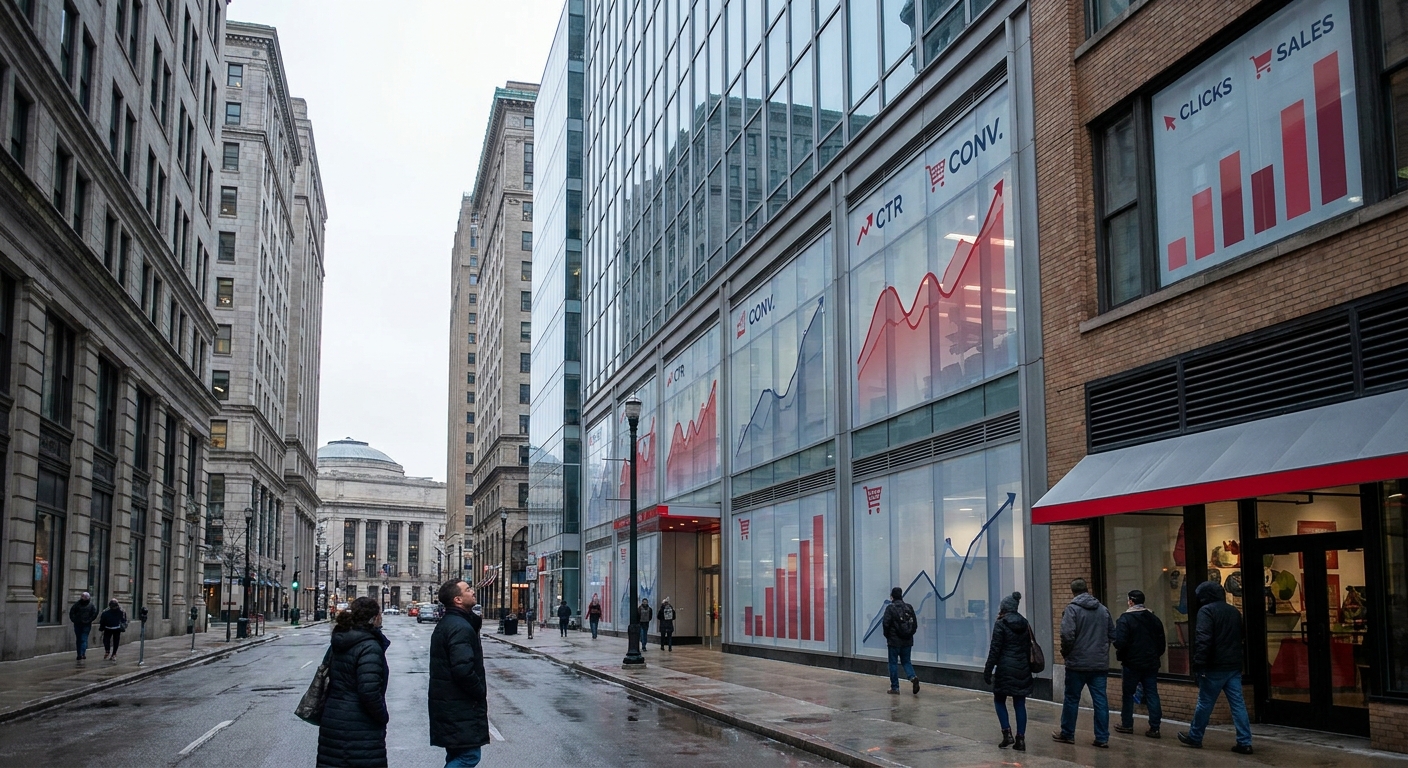 A realistic street view of downtown Cleveland with a digital overlay of ad performance graphs on building windows, showing click‑through metrics and conversion icons. Alt: Google Ads performance in Cleveland agency office