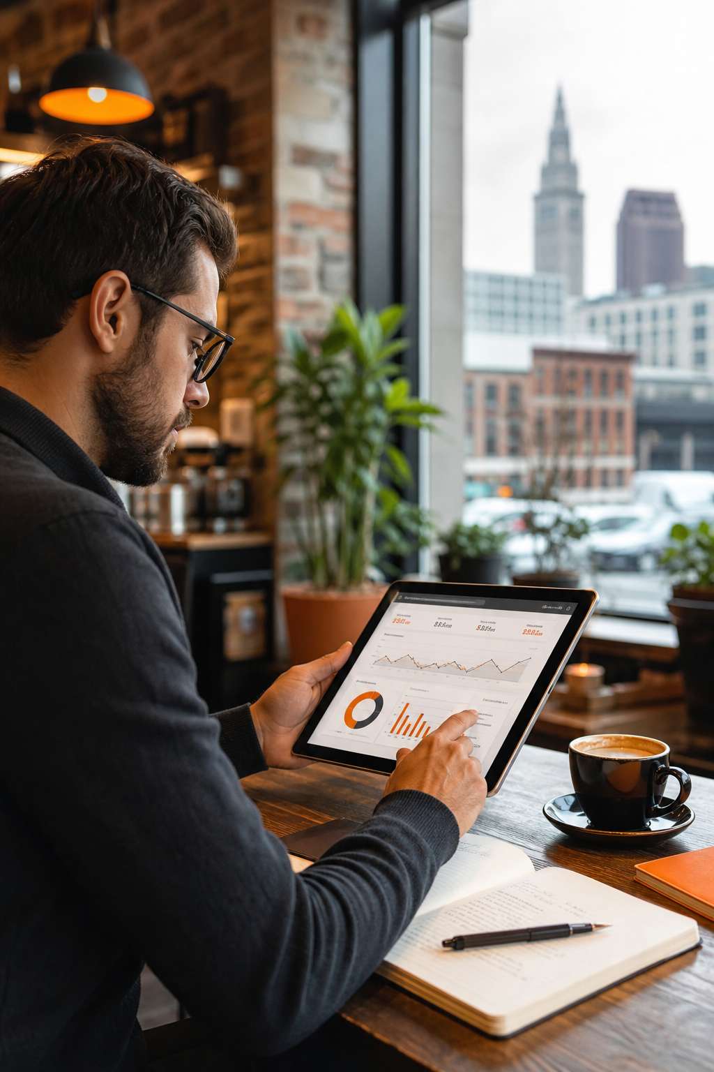 A photorealistic image of a small business owner reviewing a tablet showing PPC campaign results at a local coffee shop in Cleveland. Alt: Business owner evaluating boutique PPC management services in Cleveland.
