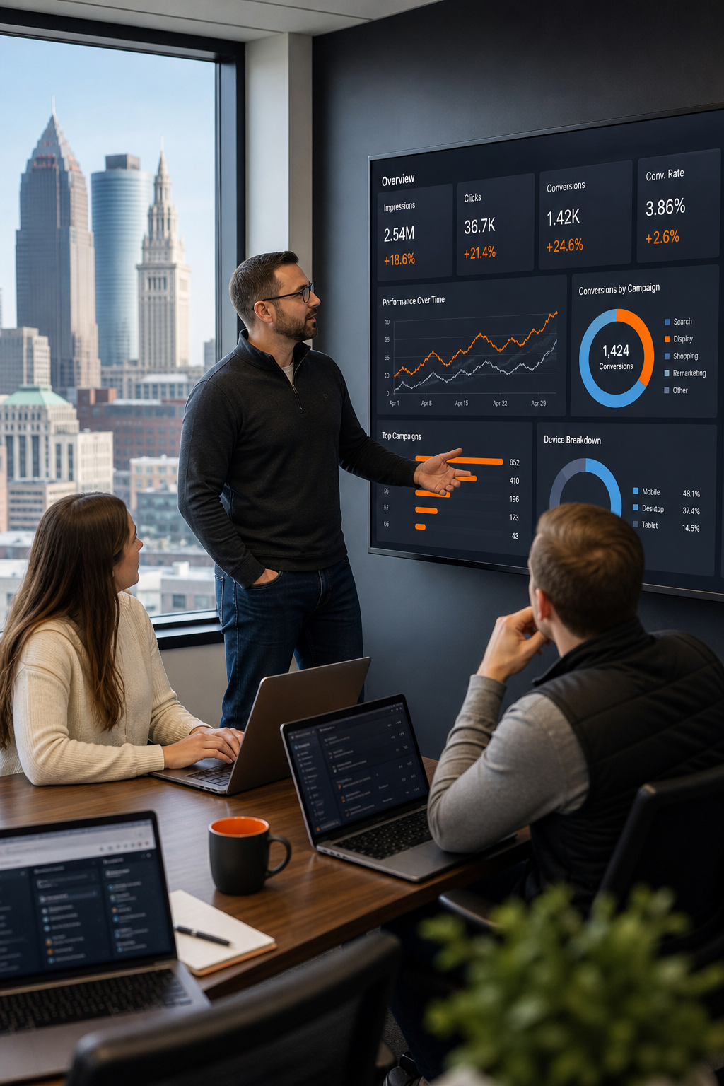 A photorealistic shot of a modern Cleveland office with a team collaborating around a large digital dashboard showing ad performance metrics. Alt: Cleveland PPC management team analyzing campaign data.