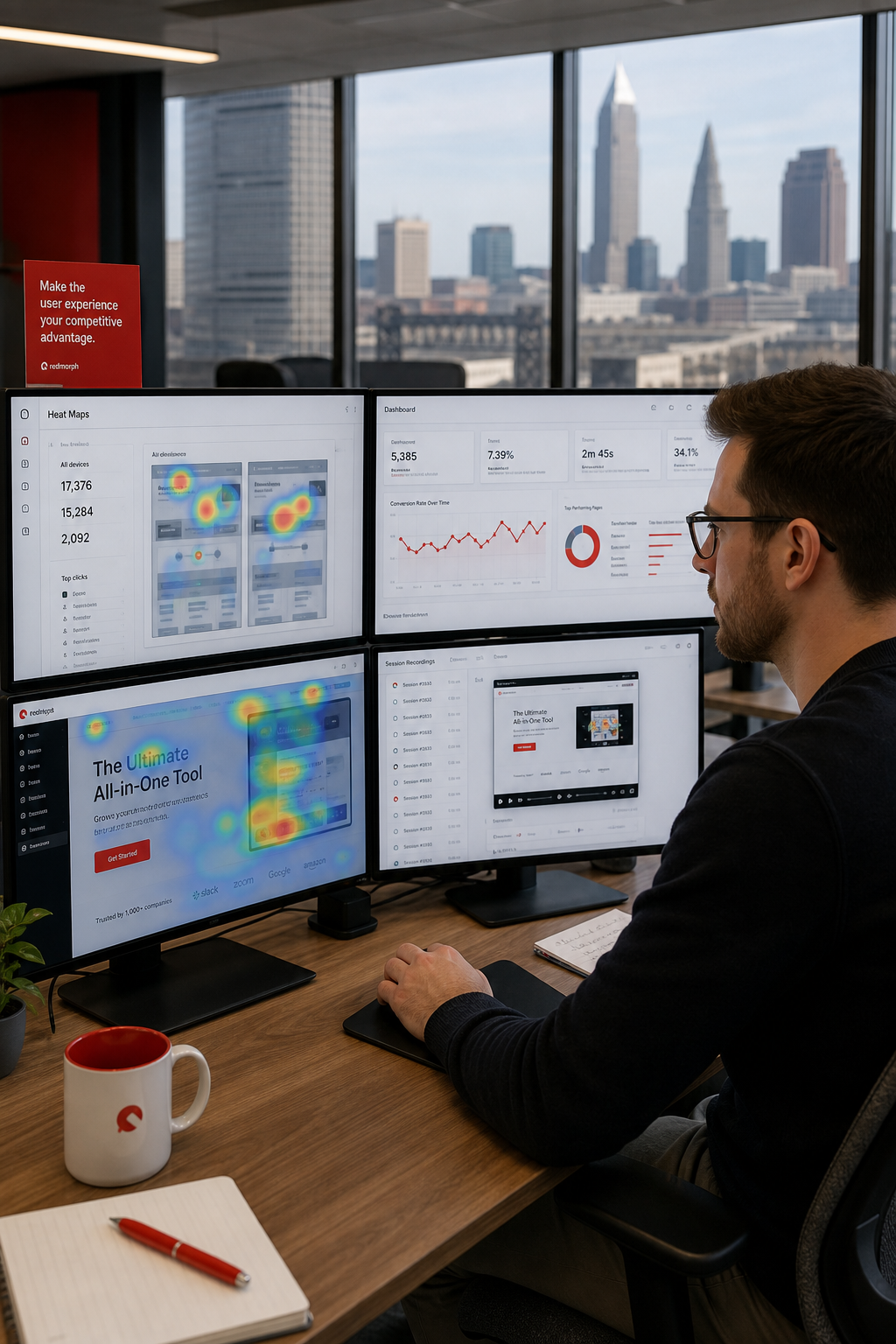 A photorealistic office scene showing a CRO analyst reviewing heat maps and user recordings on multiple monitors, modern