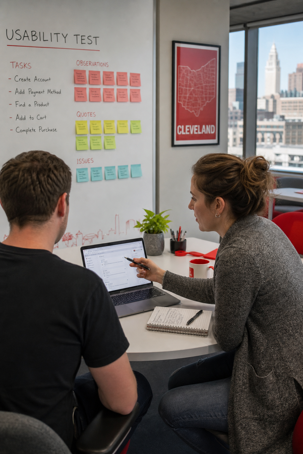 A realistic scene of a UX researcher conducting a usability test with a participant using a laptop, sticky notes on a wa