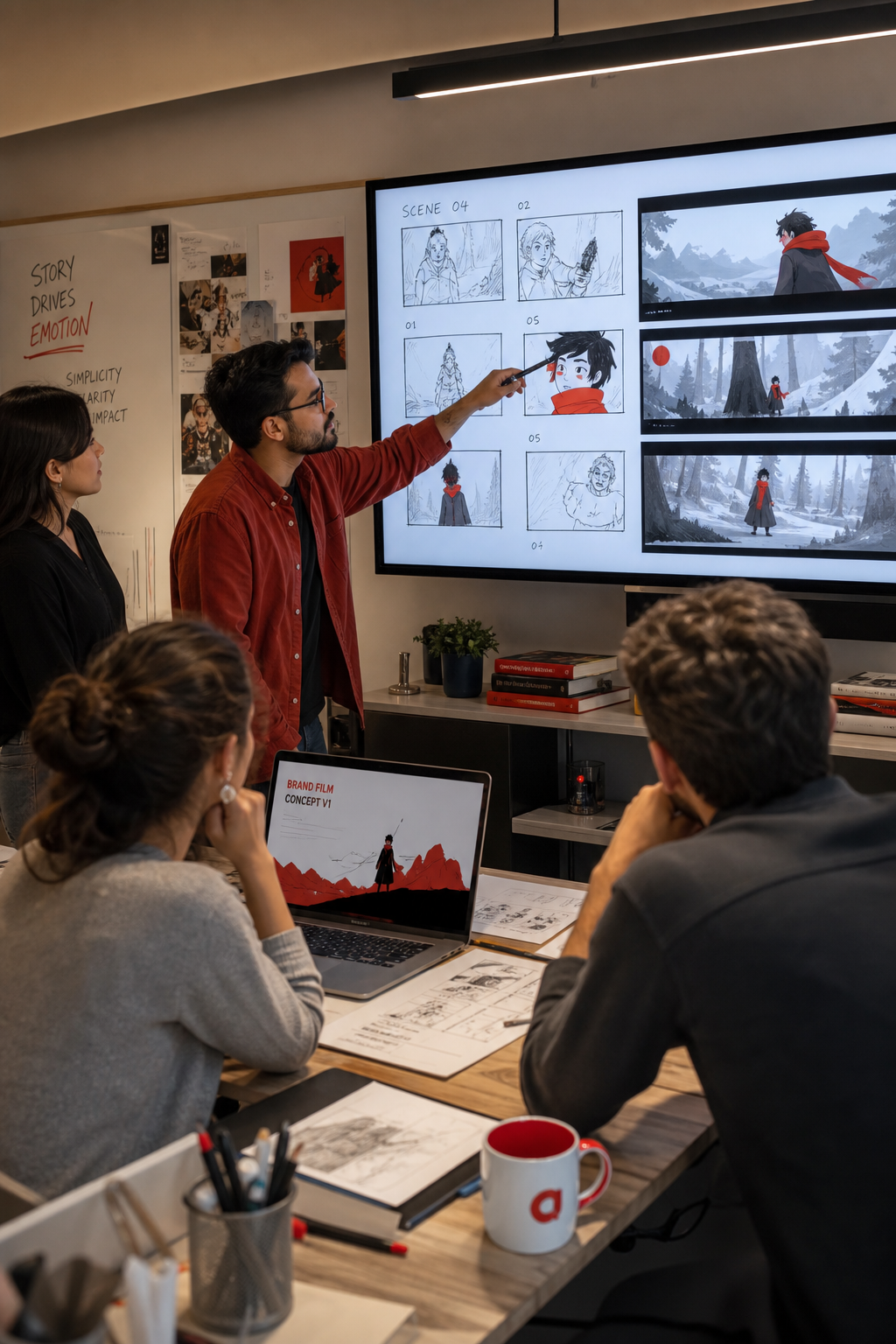 A creative team gathered around a large screen, reviewing animated storyboards and motion‑graphics concepts, Realism sty