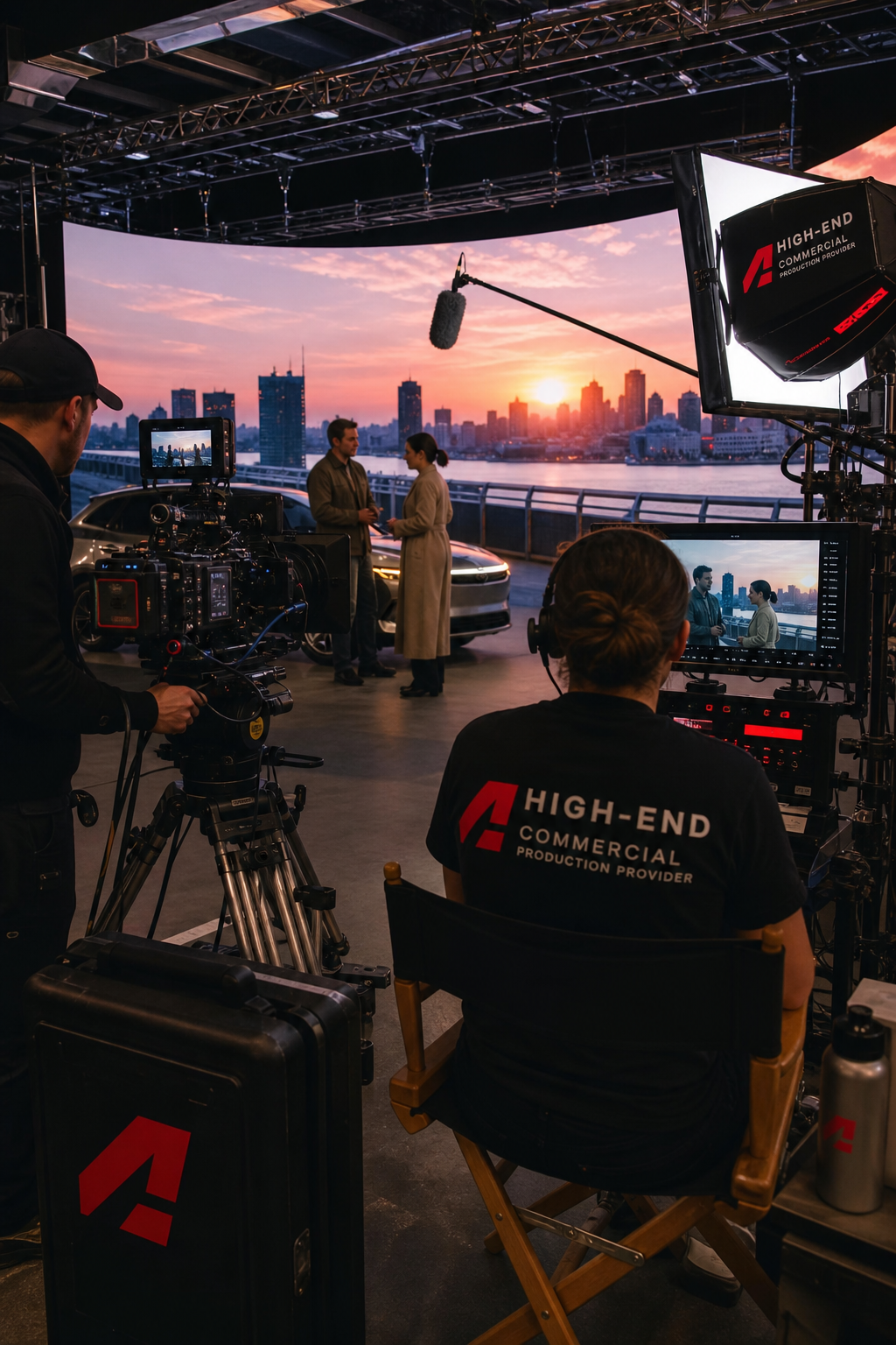 A modern video production studio with high‑end cameras, LED walls, and crew members coordinating a commercial shoot, Rea