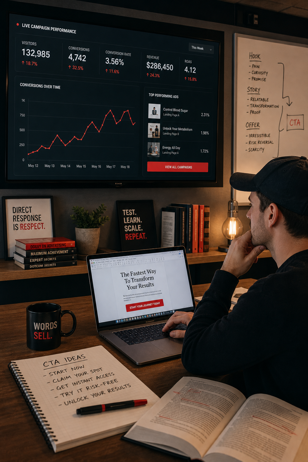 A realistic illustration of a direct‑response studio wall, featuring a large screen showing live conversion metrics, a c