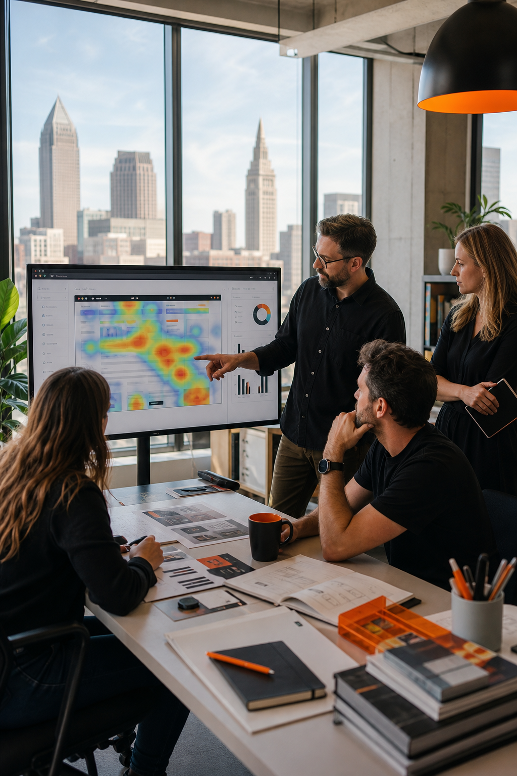 A realistic office space with designers gathered around a large monitor showing heat‑map analytics, modern furniture, natural light, Cleveland skyline visible through windows. Alt: data‑driven boutique design studio.