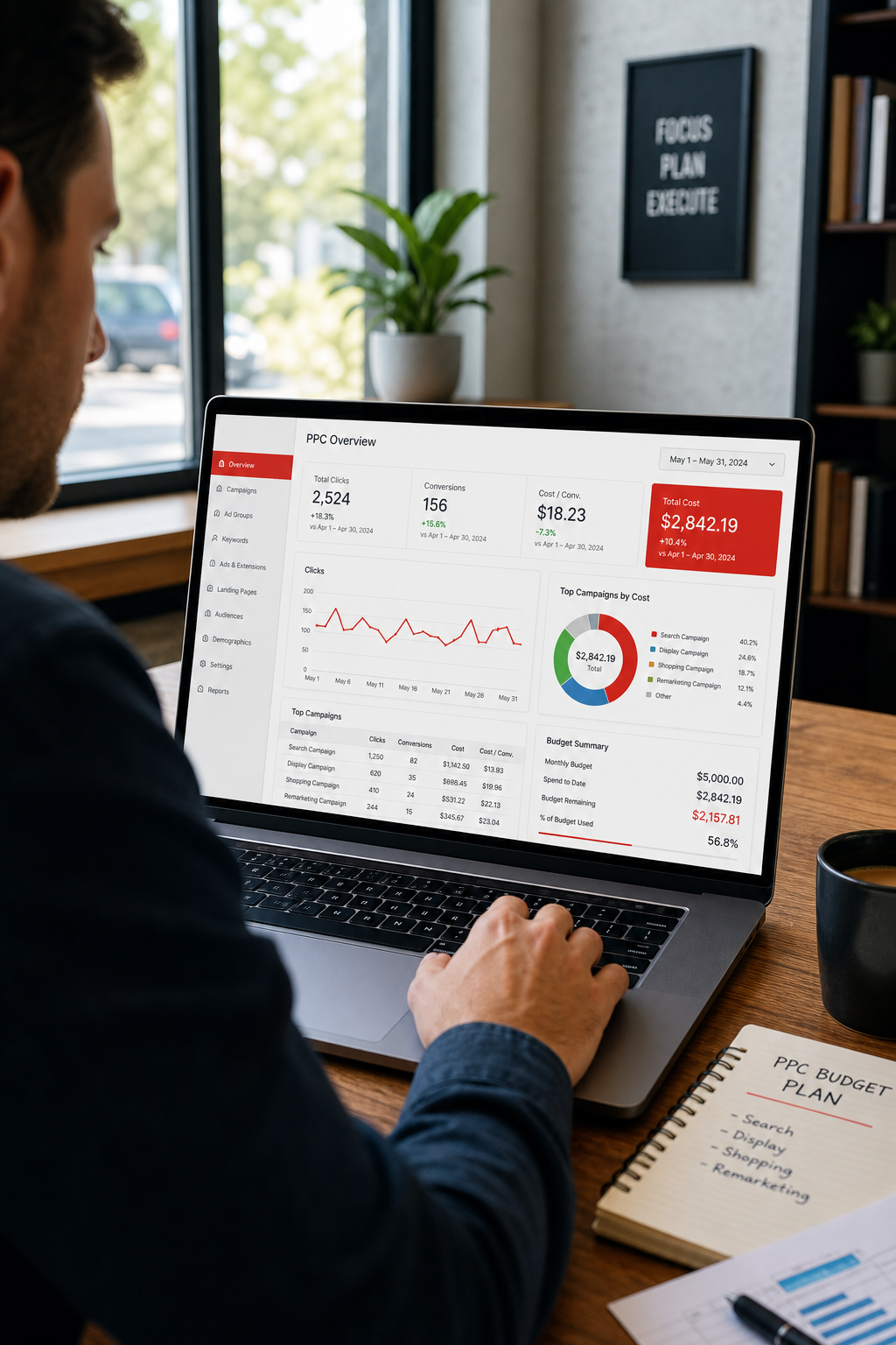 A realistic office scene showing a small business owner reviewing a PPC dashboard on a laptop, with charts and budget fi