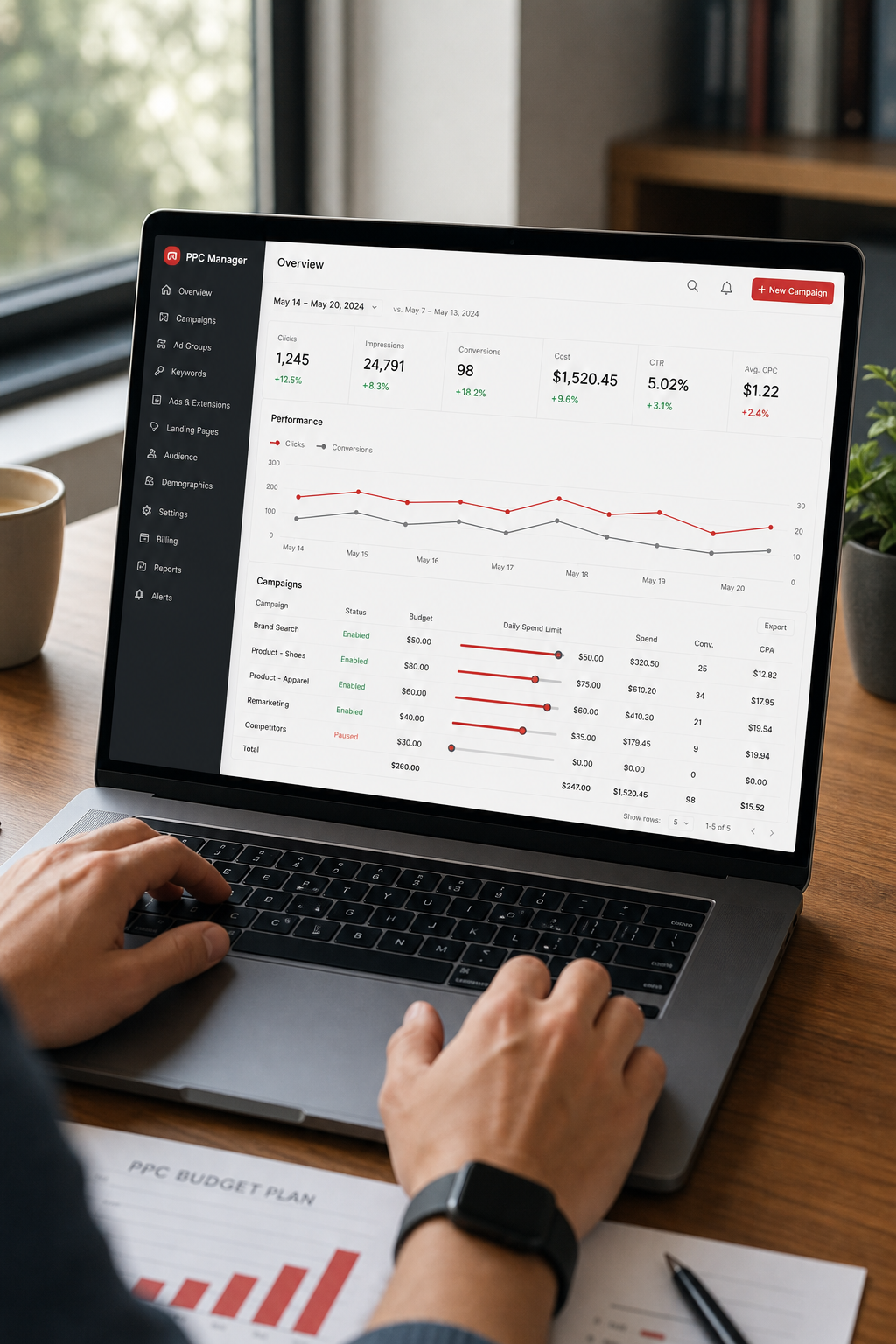A realistic scene of a small business owner adjusting daily spend limits on a laptop screen showing a PPC dashboard, cha