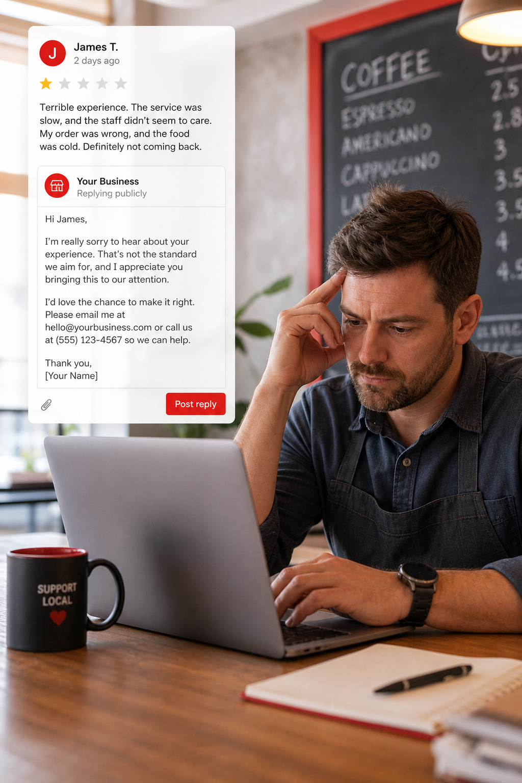 Business owner replying to a Google review, showing empathy and offering a solution.