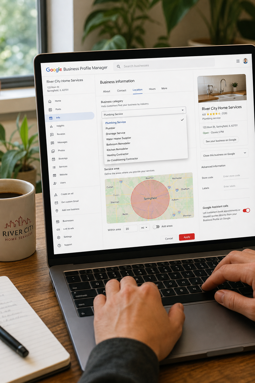 Google Business Profile optimization interface showing category selection and service area settings.