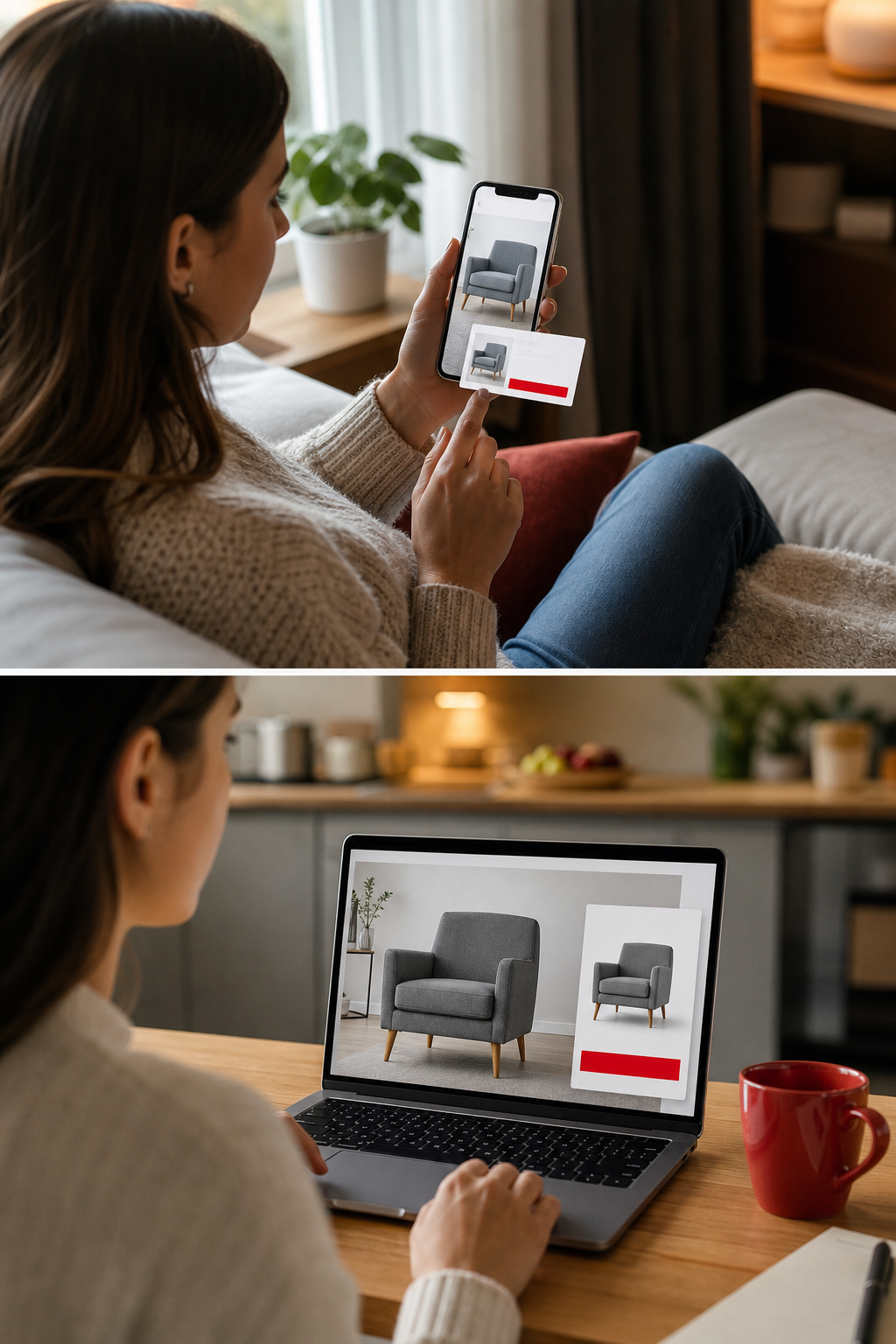 A realistic scene of a shopper looking at a product on a phone, then later on a laptop, with dynamic ad overlays, Realis