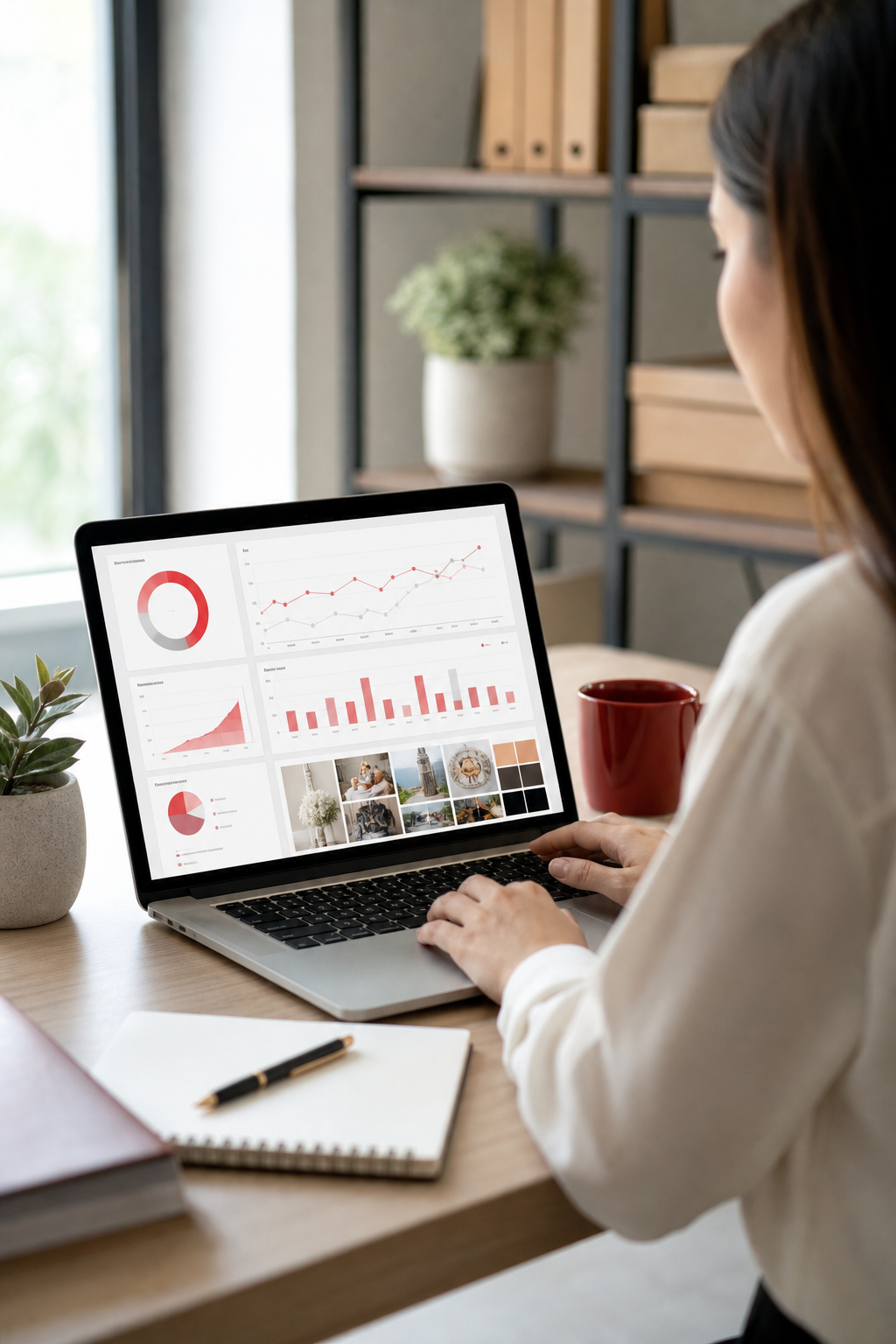 A photorealistic scene of a small business owner reviewing a colorful social media dashboard on a laptop, with charts an