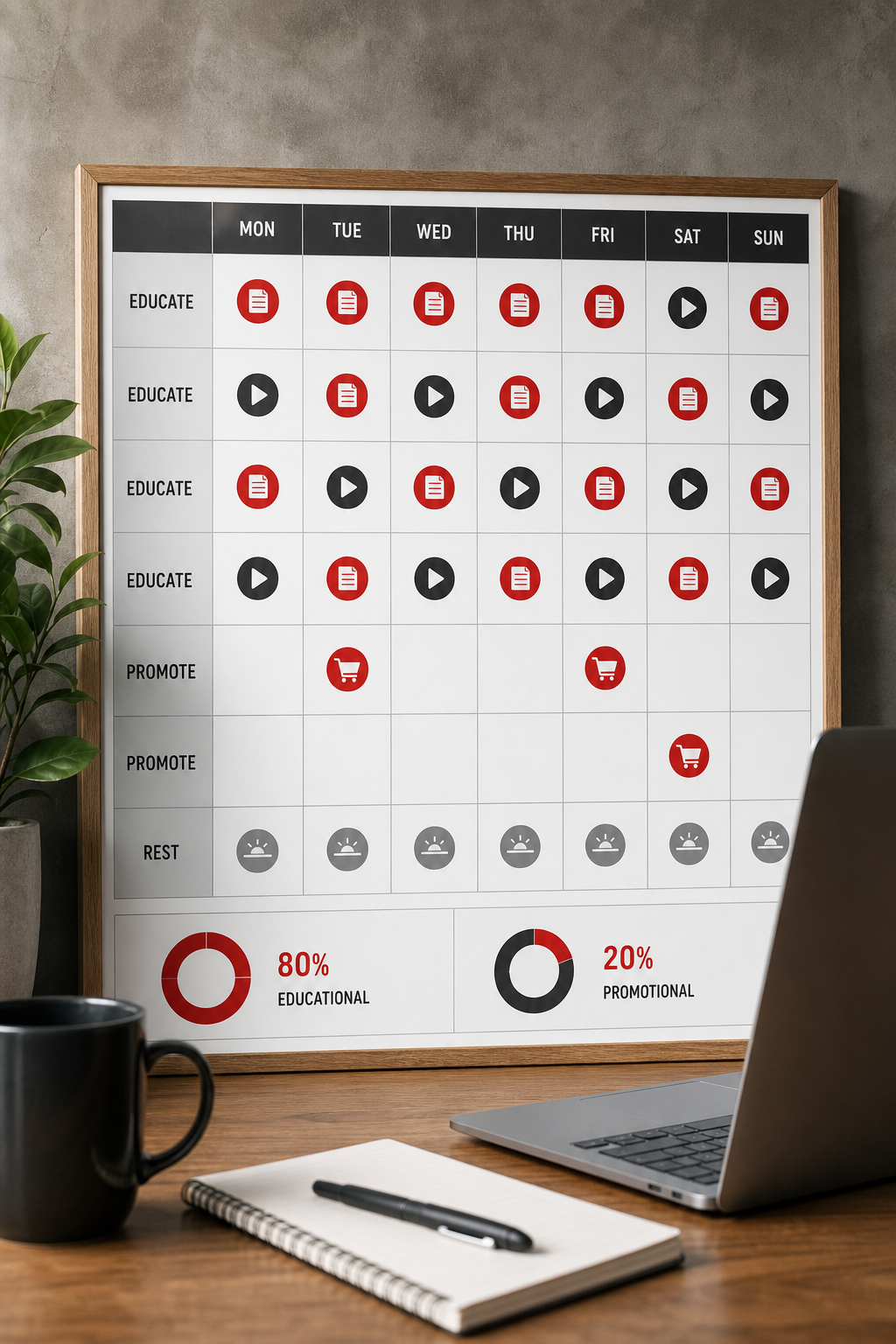 A realistic illustration of a weekly social media calendar split into 80% educational content and 20% promotional posts,