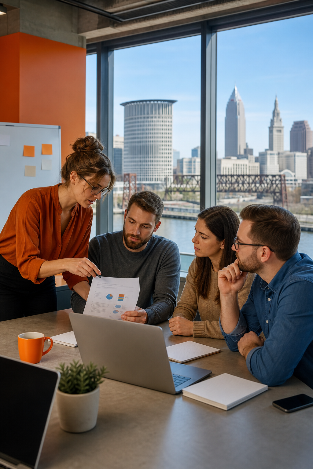A photorealistic office scene showing a Cleveland SEO team discussing subscription plans, with city skyline visible in background. Alt: managed SEO subscription Cleveland office