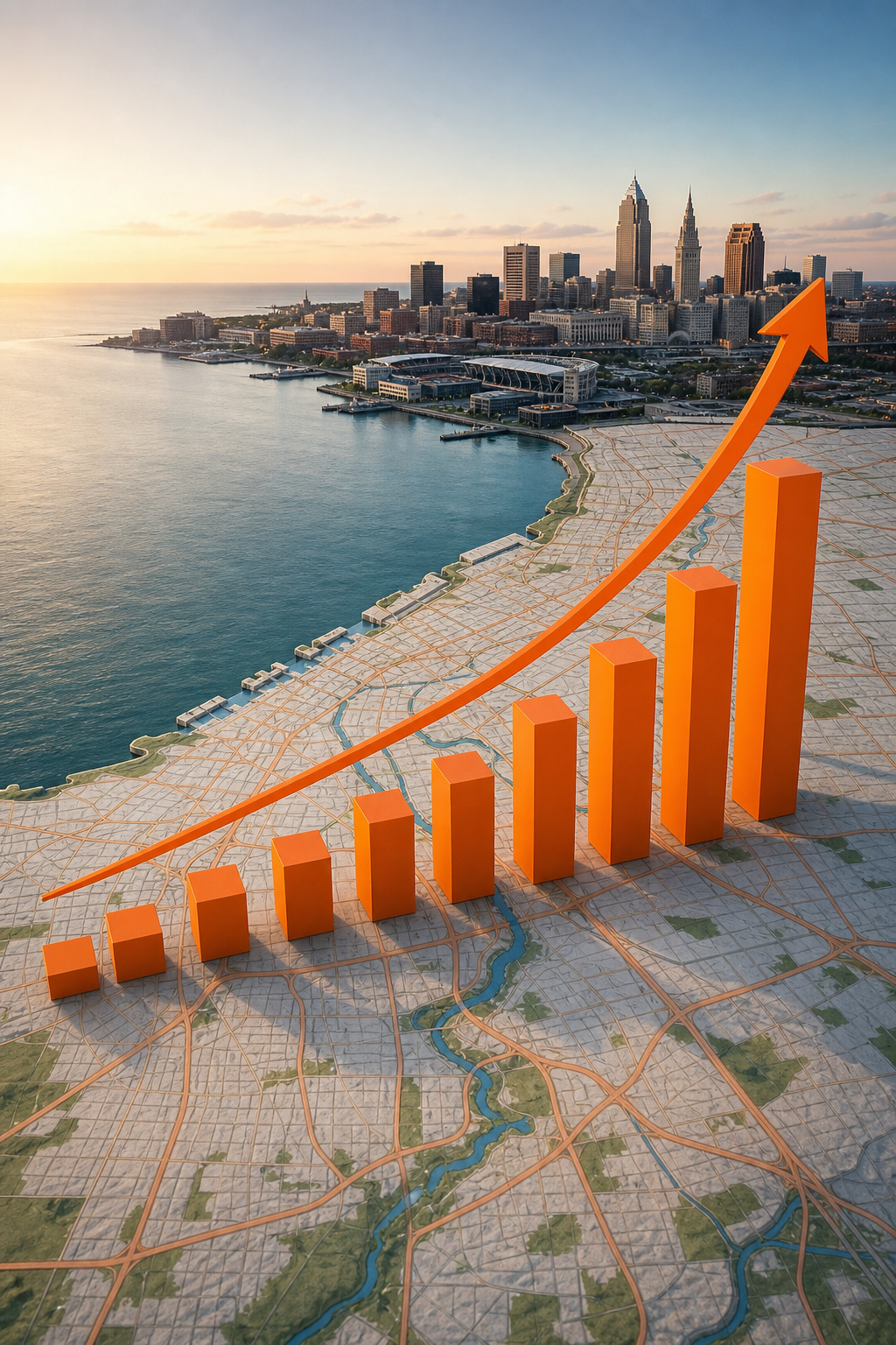 A realistic illustration of a scalable graph with rising arrows over Cleveland map, symbolizing SEO growth for subscription model. Alt: scalable SEO subscription Cleveland