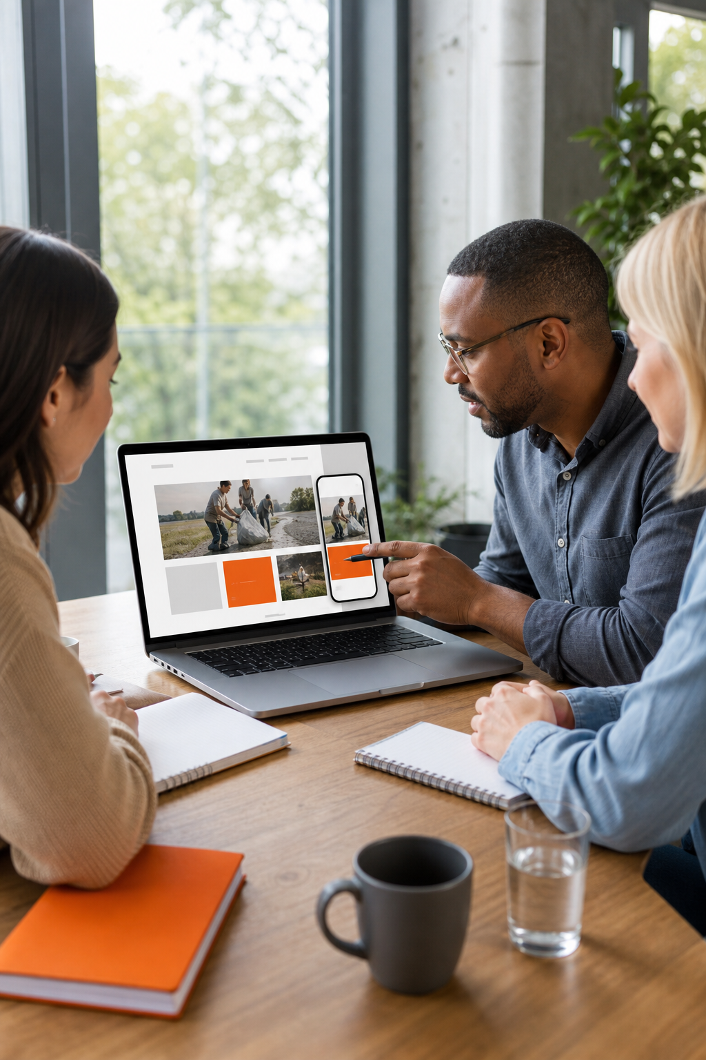 A photorealistic view of a nonprofit team reviewing a responsive website mockup on a laptop in a bright office, alt: nonprofit website design subscription service