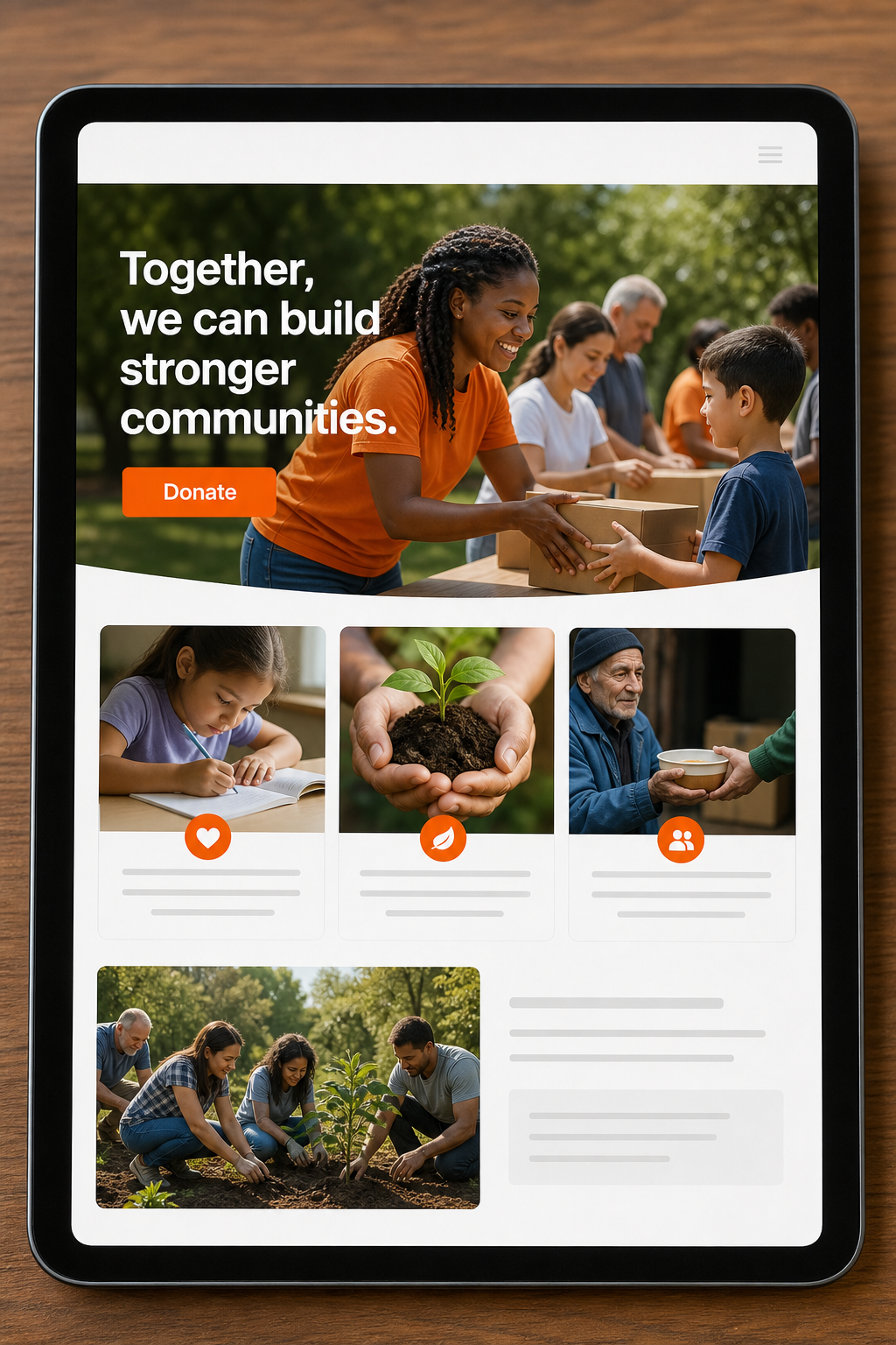 A realistic illustration of a vibrant nonprofit homepage on a tablet, featuring bold mission text and a bright donate button, alt: mission‑focused nonprofit website design
