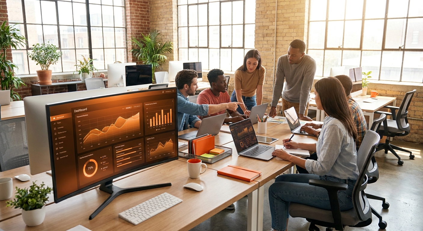 A modern startup office with a glowing orange dashboard on a monitor showing ad performance metrics, real team members collaborating at desks, warm natural light, photorealistic editorial style with brand accent color #FF6B00. Alt: Managed PPC subscription service for startups showing campaign dashboard and team collaboration.