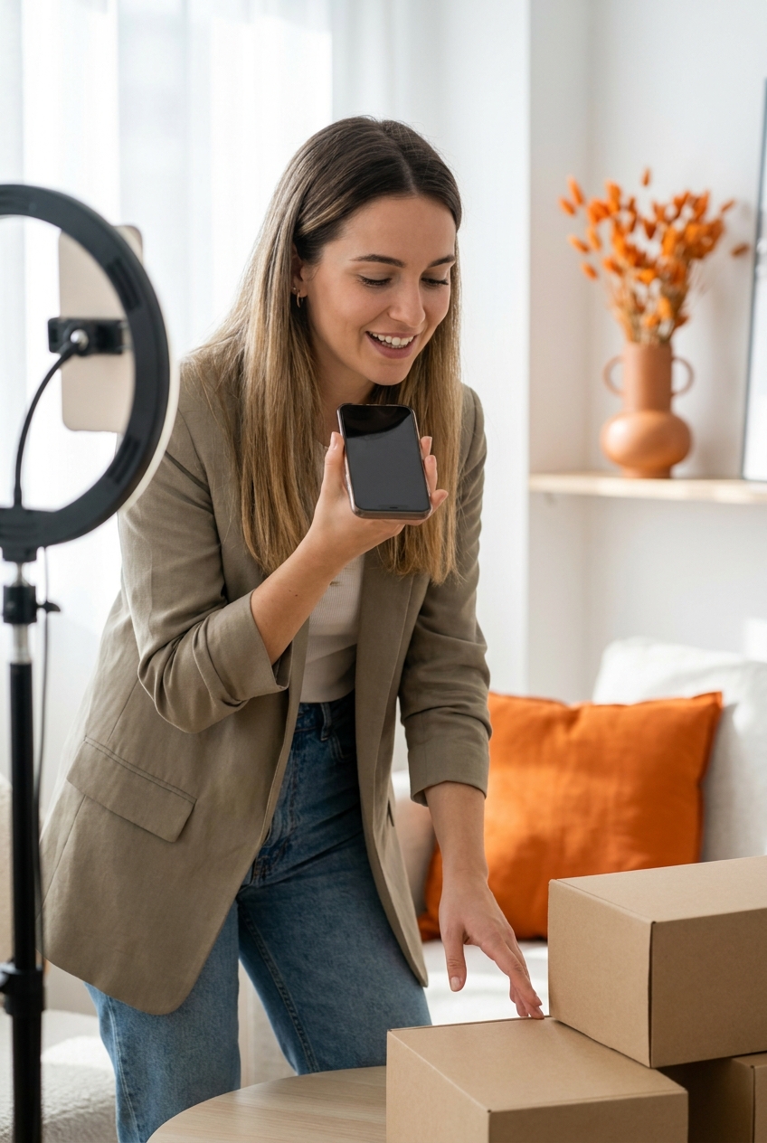 A young entrepreneur filming a short vertical video on a smartphone in a bright modern apartment, ring light visible, TikTok-style framing, photorealistic editorial style with an orange accent in the background decor. Alt: TikTok PPC ads for startup subscription products targeting younger demographics.