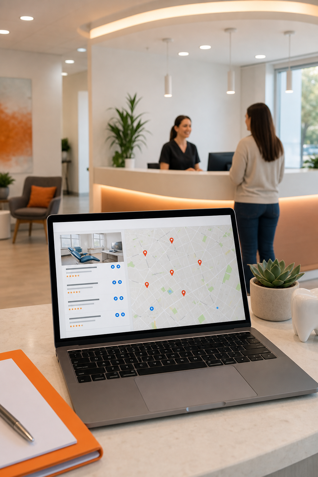 A modern dental clinic reception area with a laptop showing a Google Maps search result for a local dentist, warm lighting and clean white walls, photorealistic style. Alt: SEO subscription for dental clinics showing local search results on a laptop in a dental office.