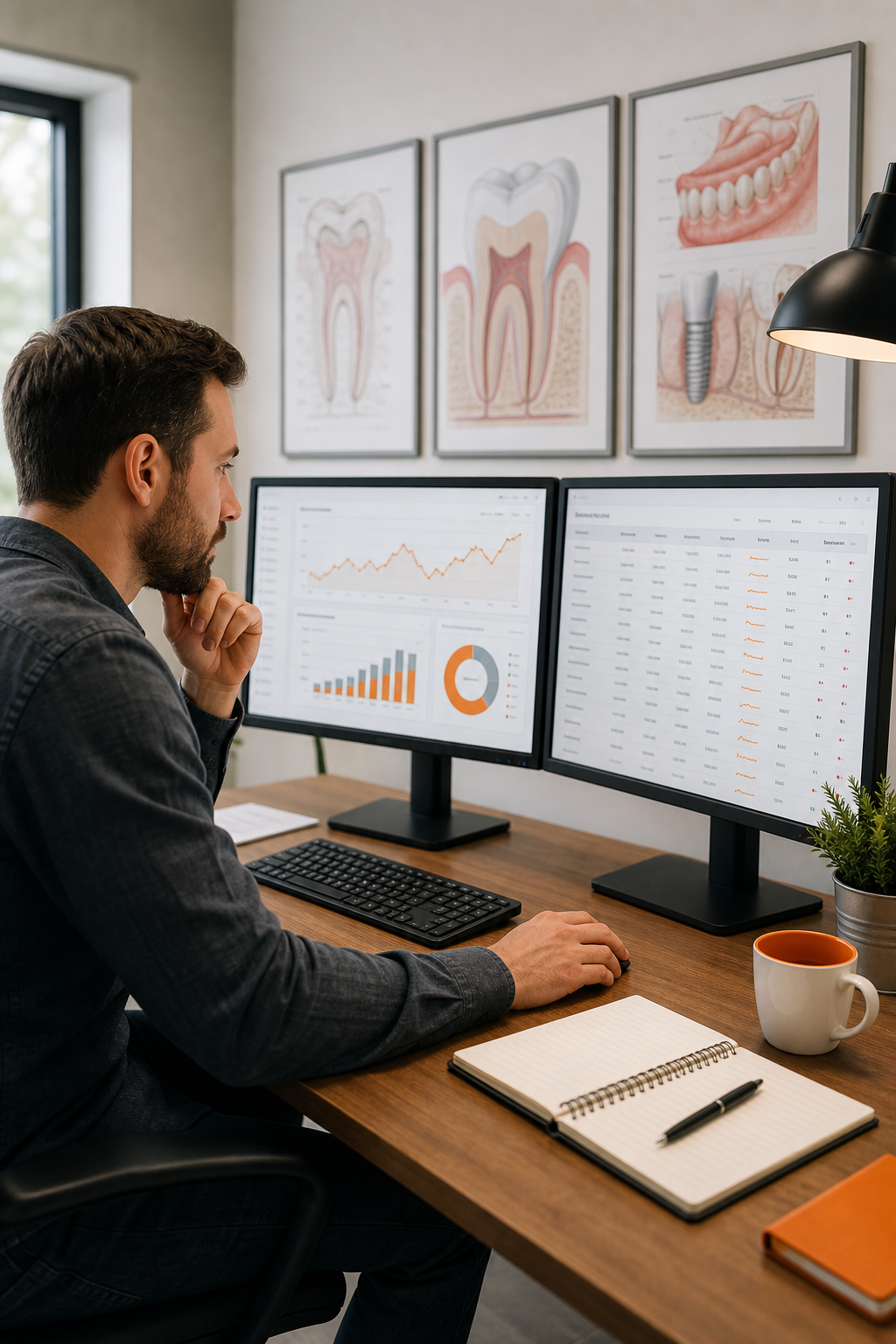 A focused dental marketing specialist reviewing keyword ranking reports on dual monitors in a bright office, with dental anatomy posters on the wall, photorealistic style. Alt: Dental niche SEO agency specialist reviewing rankings for a dental practice client.