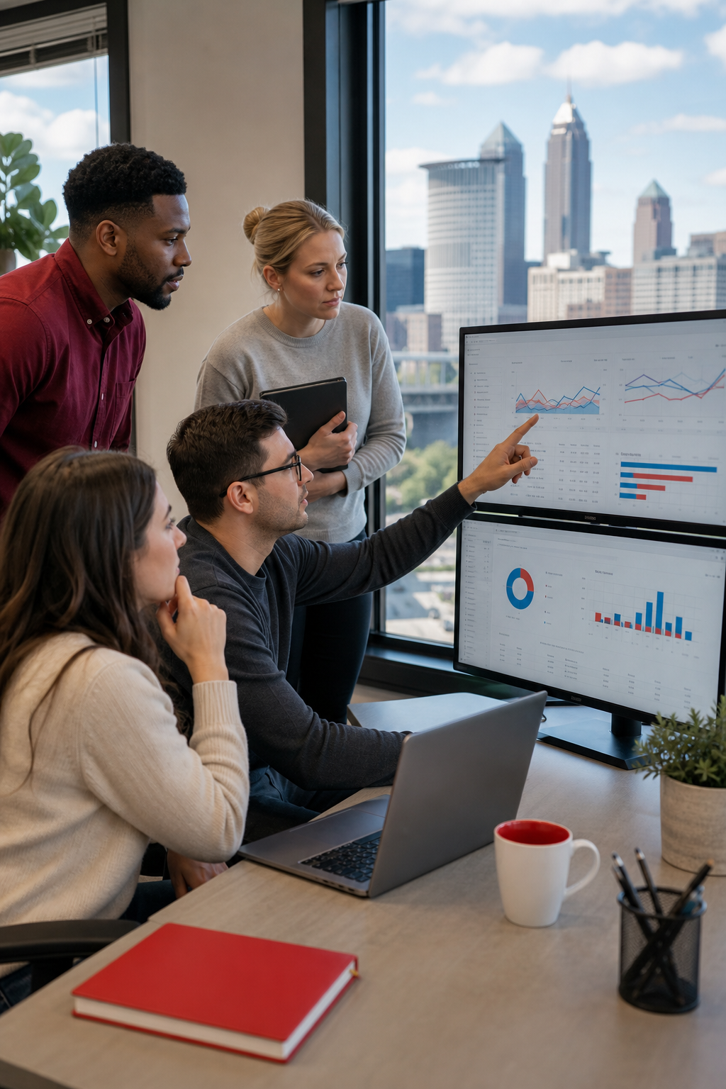 collaborative PPC management team reviewing ad performance