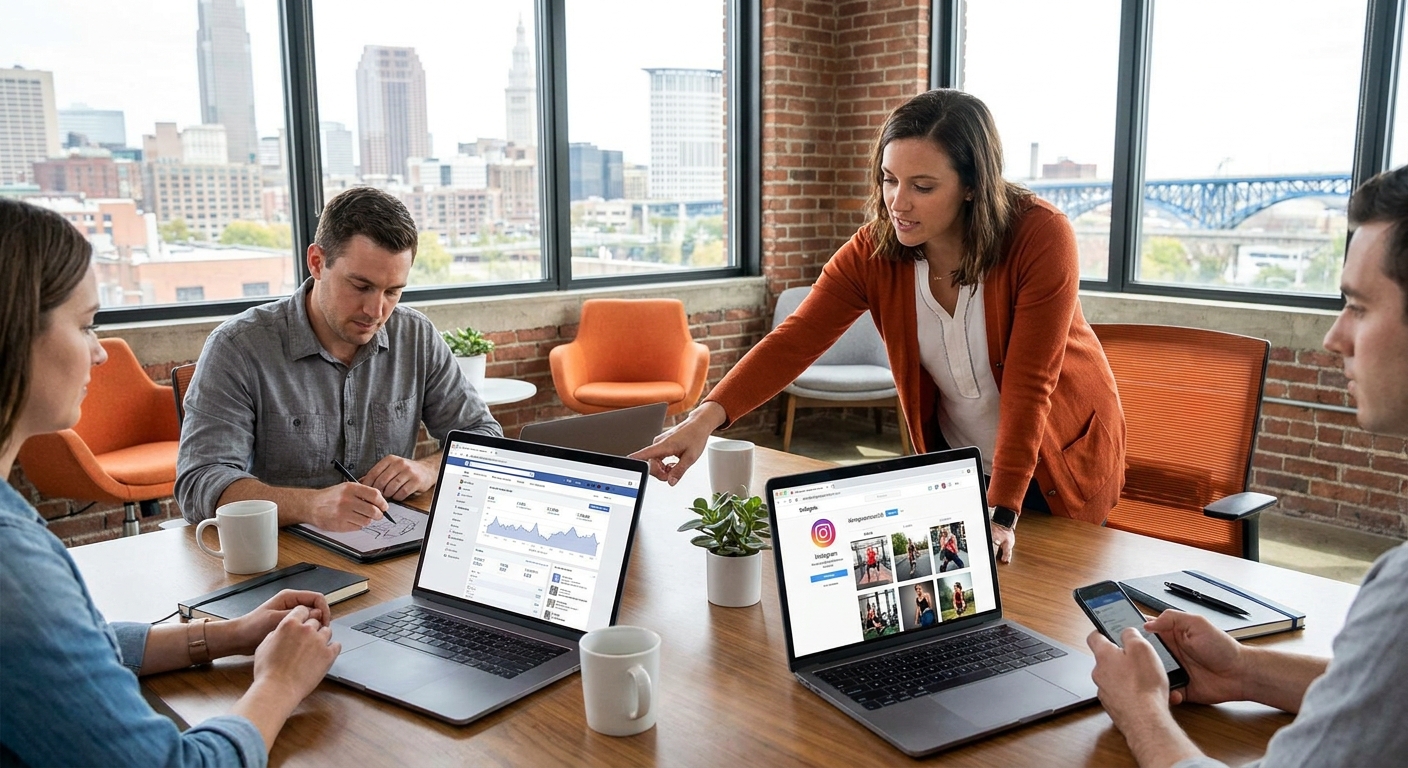 A modern marketing agency team working on social media content for a fitness brand, with laptops showing Instagram and Facebook dashboards in a bright Cleveland office setting. Alt: full-service social media subscription agency for fitness studios