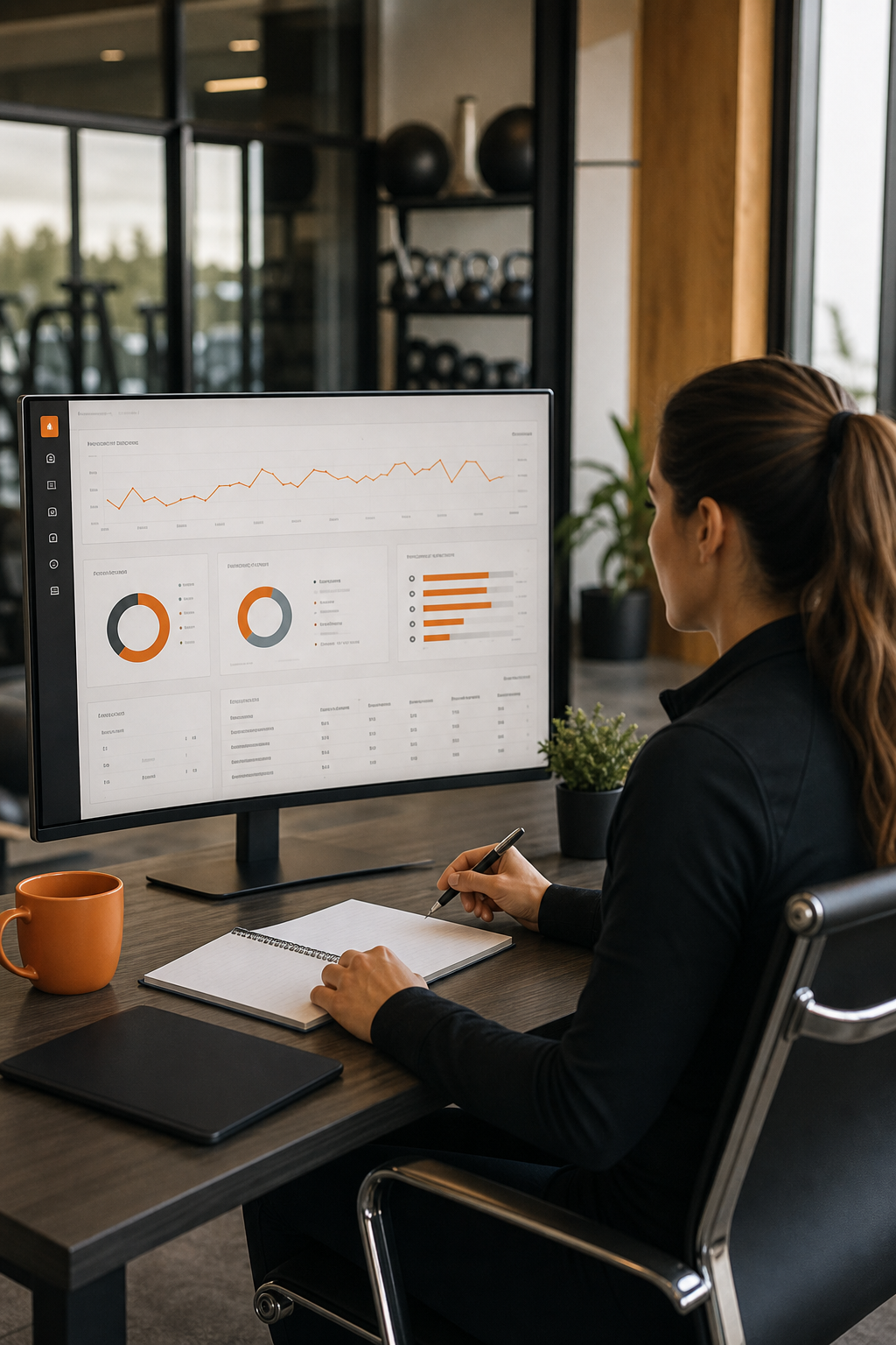 A fitness studio manager reviewing detailed social media analytics on a large monitor, with engagement charts and audience data visible on screen in a professional office environment. Alt: Sprout Social analytics dashboard for fitness studio social media management
