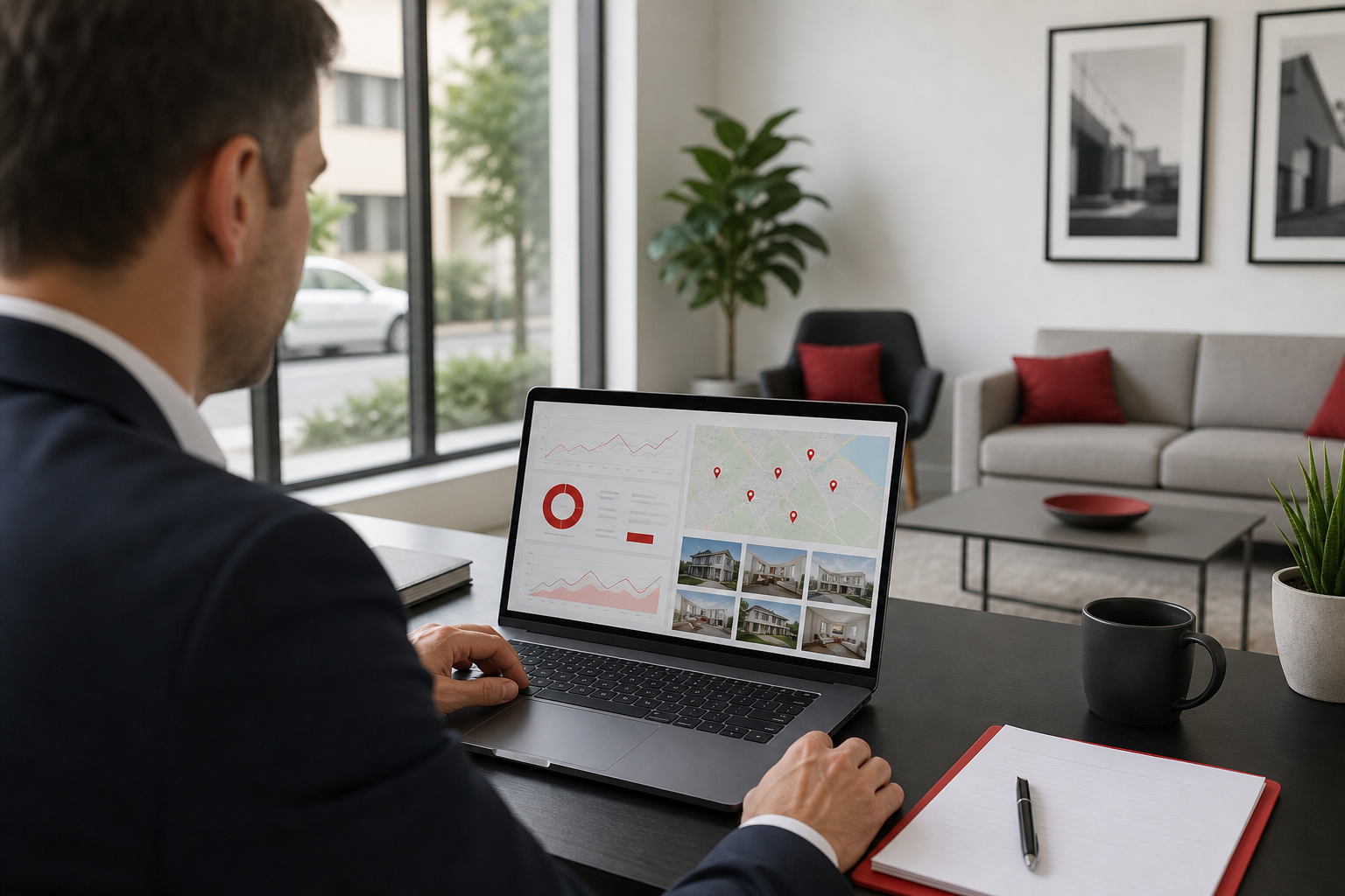 "Real estate agent reviewing SEO performance on laptop"