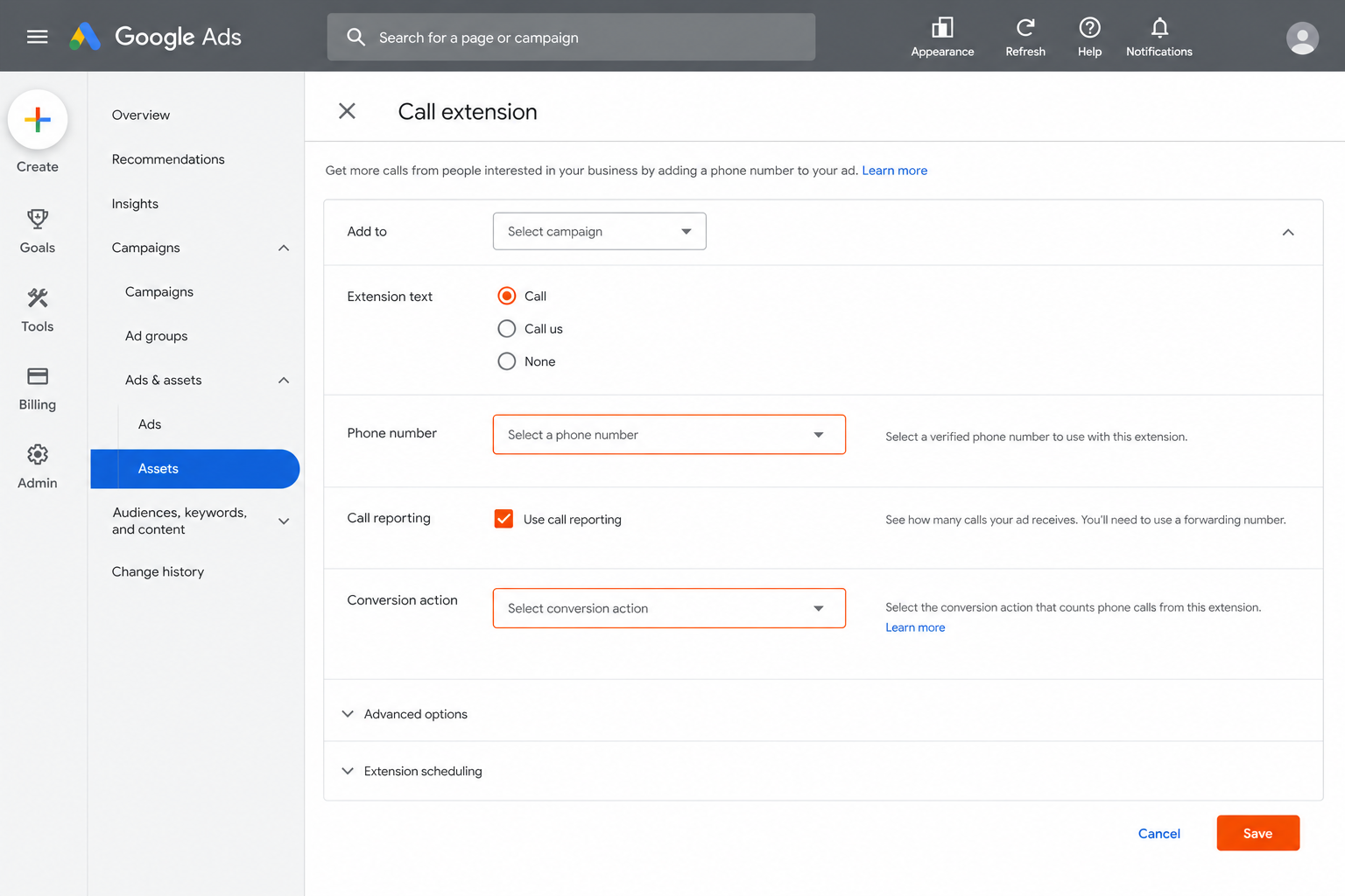 Google Ads call extension configuration
