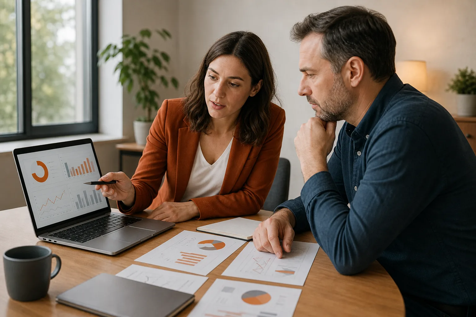 marketing agency reporting meeting with campaign metrics and optimization plan