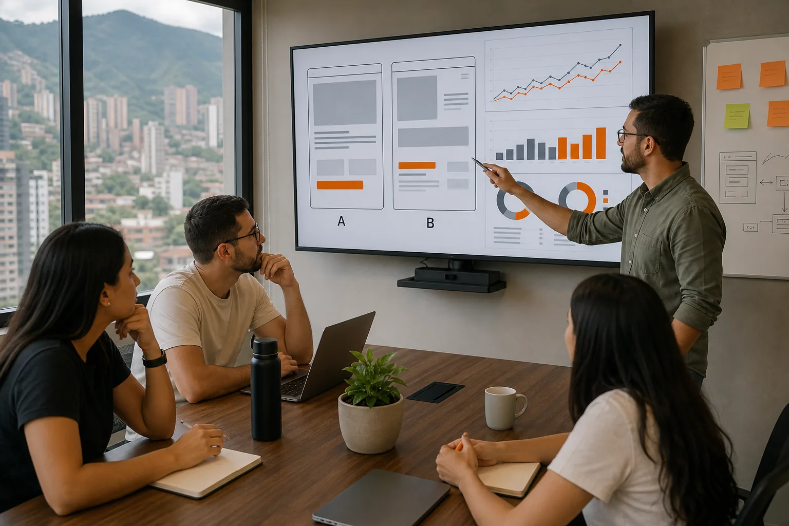Colombian team analysing A/B test results for a landing page