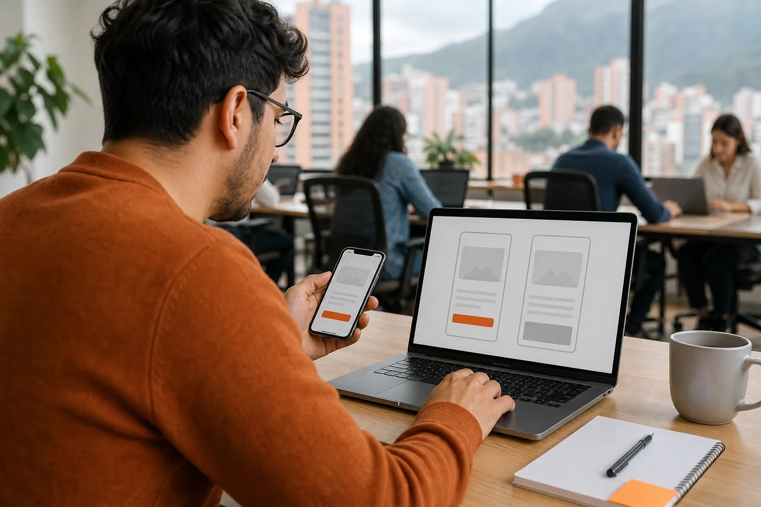 Marketer in Bogotá testing a mobile landing page template for a service business.