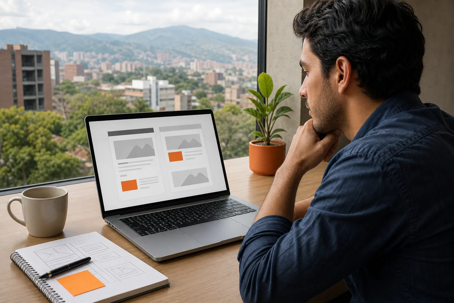 Colombian service business owner comparing landing page template layouts on a laptop.